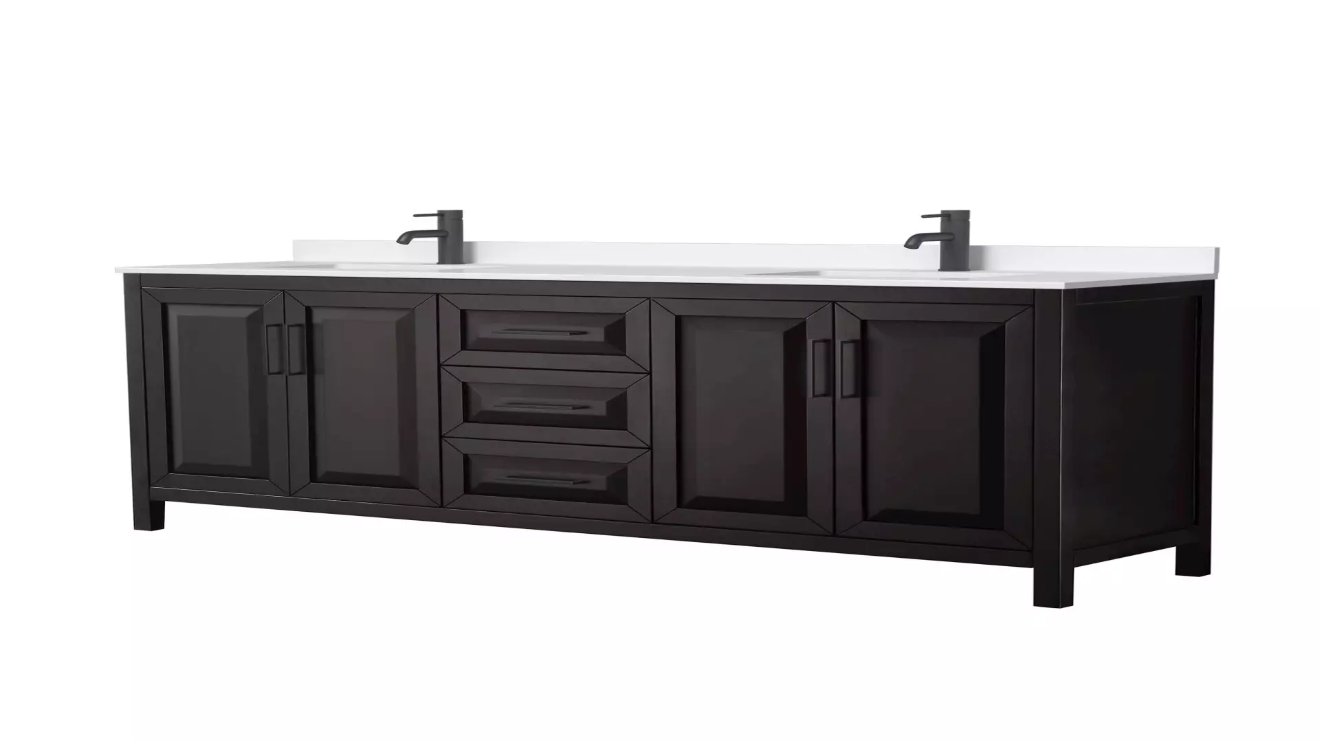 Daria 80 Inch Double Bathroom Vanity in Dark Espresso, White Quartz Countertop, Undermount Square Sinks (1-Hole), Matte Black Trim material