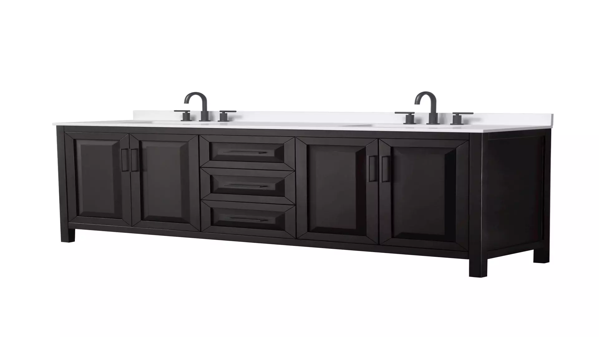 Daria 80 Inch Double Bathroom Vanity in Dark Espresso, White Quartz Countertop, Undermount Square Sinks (3-Hole), Matte Black Trim material