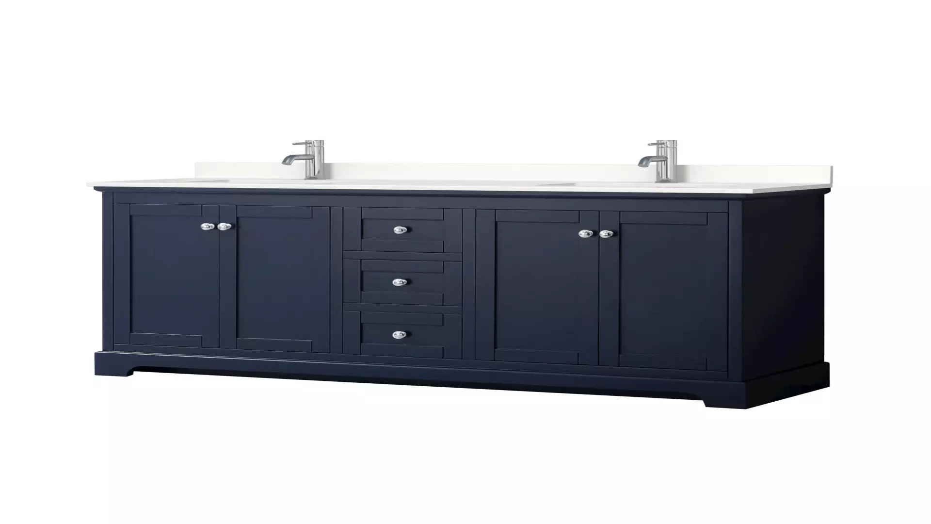 Avery 72 Inch Double Bathroom Vanity in Dark Blue, White Quartz Countertop, Undermount Square Sinks (1-Hole), Polished Chrome Trim material