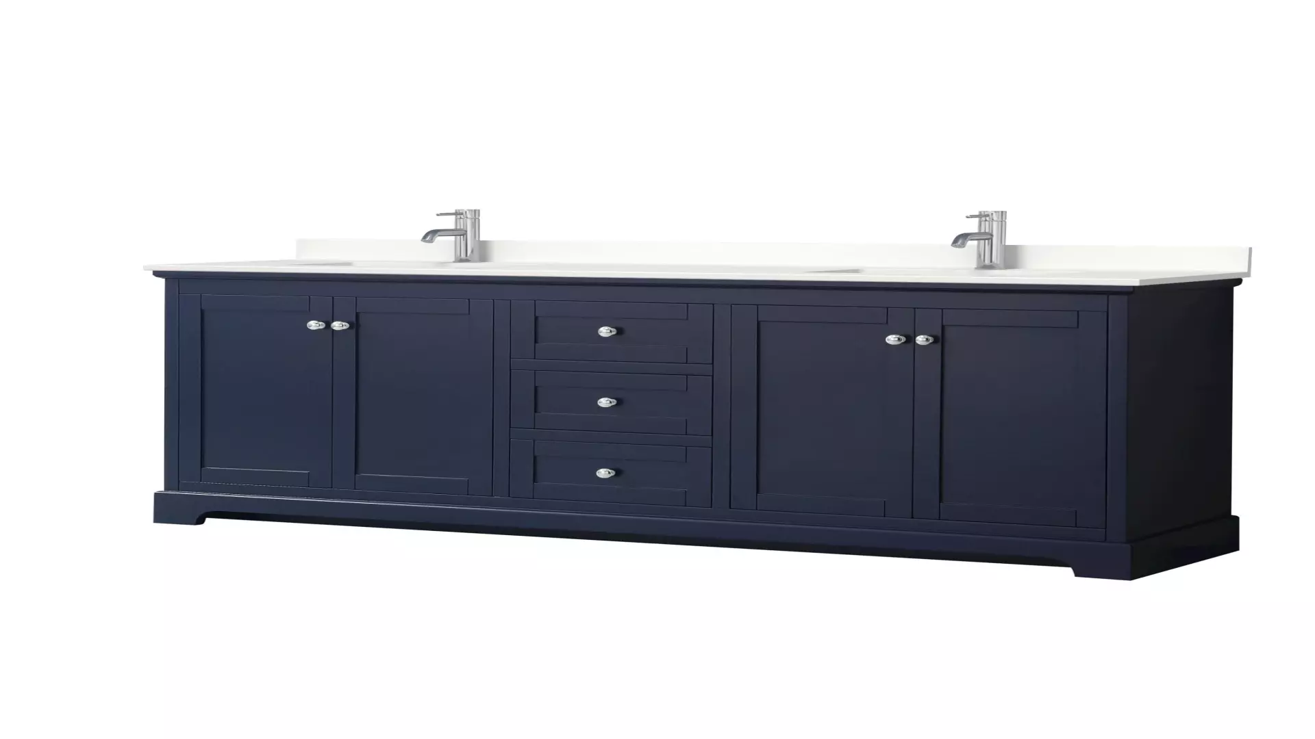 Avery 80 Inch Double Bathroom Vanity in Dark Blue, White Quartz Countertop, Undermount Square Sinks (1-Hole), Polished Chrome Trim material