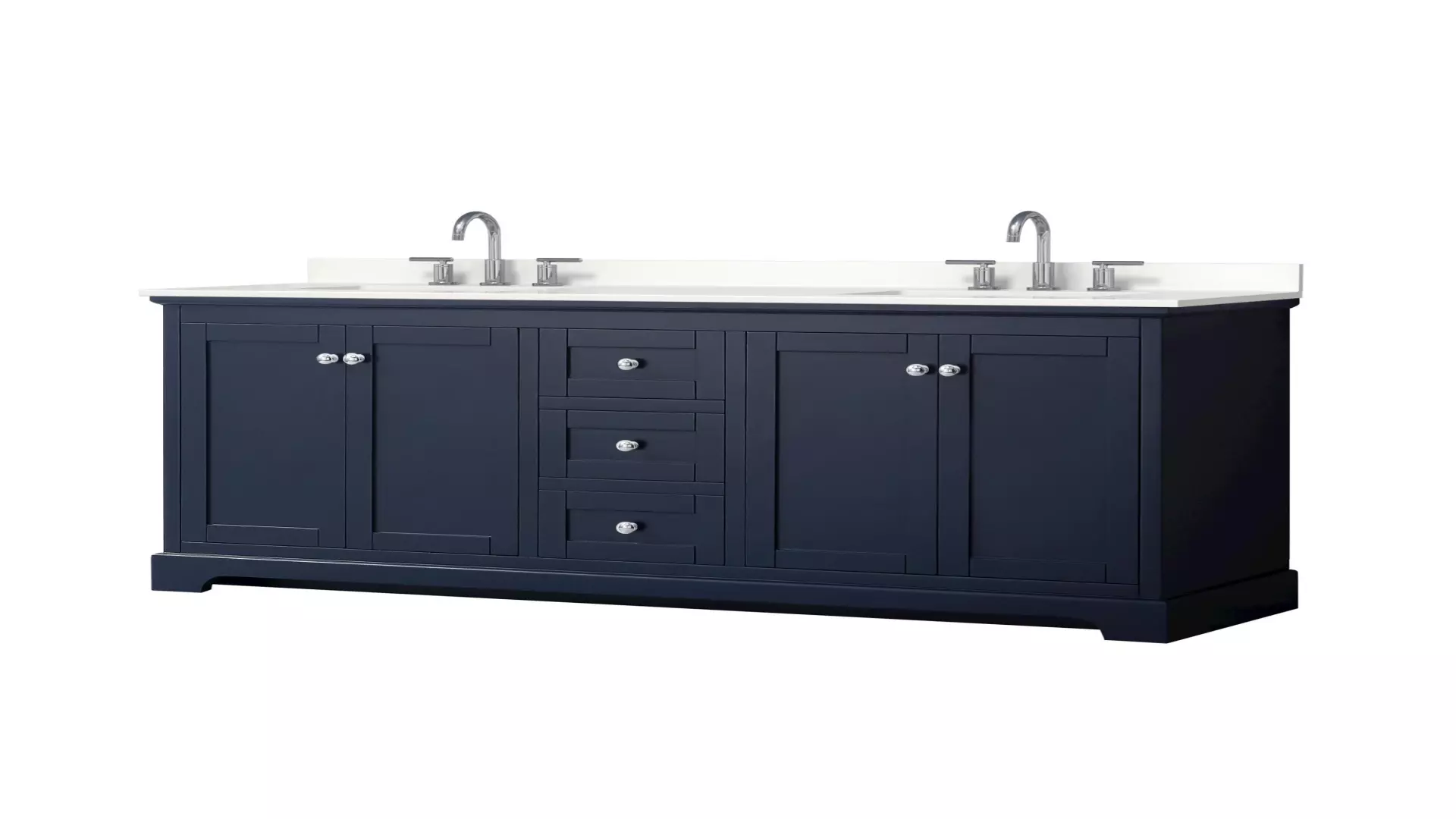 Avery 72 Inch Double Bathroom Vanity in Dark Blue, White Quartz Countertop, Undermount Square Sinks (3-Hole), Polished Chrome Trim material