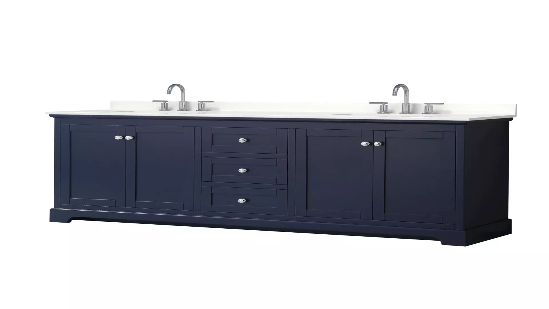 Avery 80 Inch Double Bathroom Vanity in Dark Blue, White Quartz Countertop, Undermount Square Sinks (3-Hole), Polished Chrome Trim material