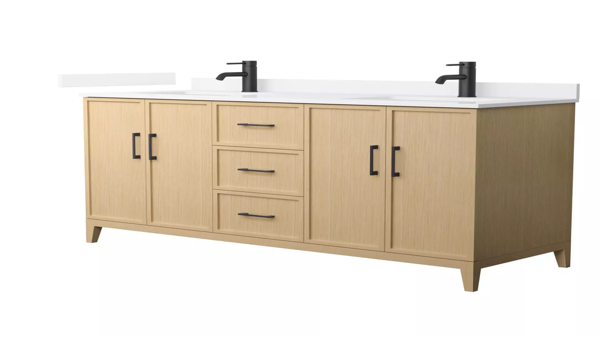Elan 60 Inch Double Bathroom Vanity in White Oak, White Quartz Countertop, Undermount Square Sinks (1-Hole), Matte Black Trim material