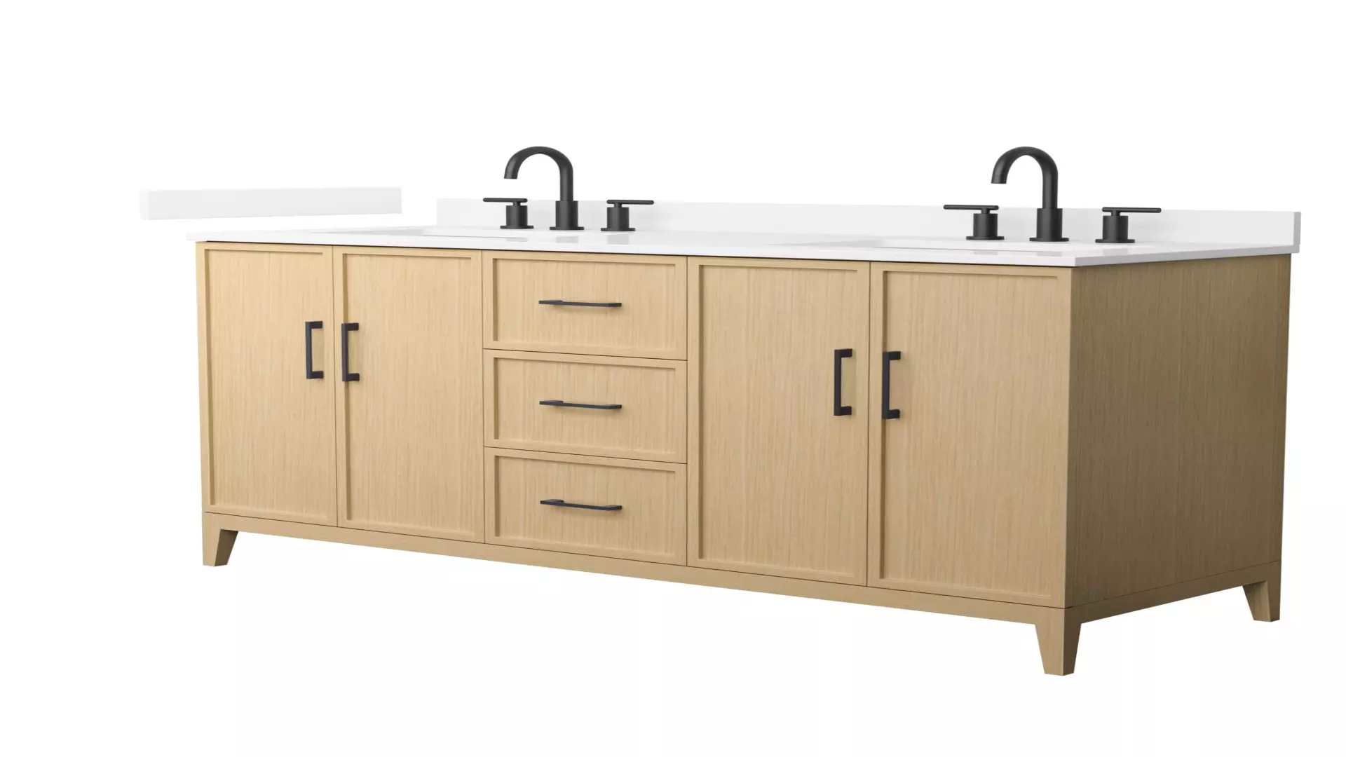Elan 60 Inch Double Bathroom Vanity in White Oak, White Quartz Countertop, Undermount Square Sinks (3-Hole), Matte Black Trim material