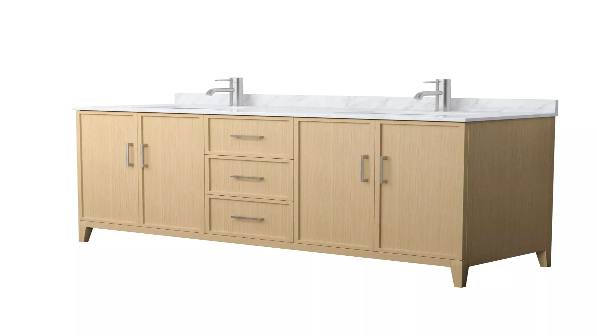 Elan 66 Inch Double Bathroom Vanity in White Oak, White Carrara Marble Countertop, Undermount Square Sinks, Brushed Nickel Trim material