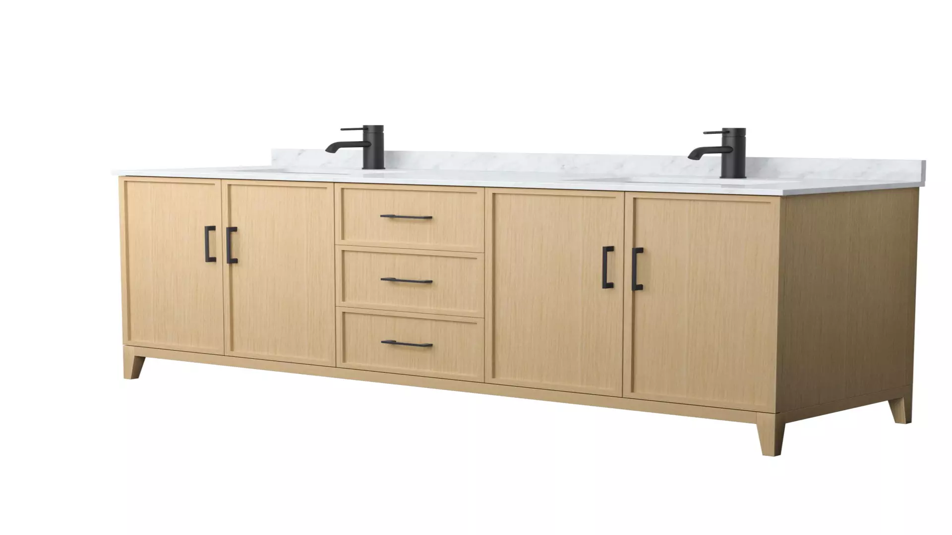 Elan 72 Inch Double Bathroom Vanity in White Oak, White Carrara Marble Countertop, Undermount Square Sinks, Matte Black Trim material