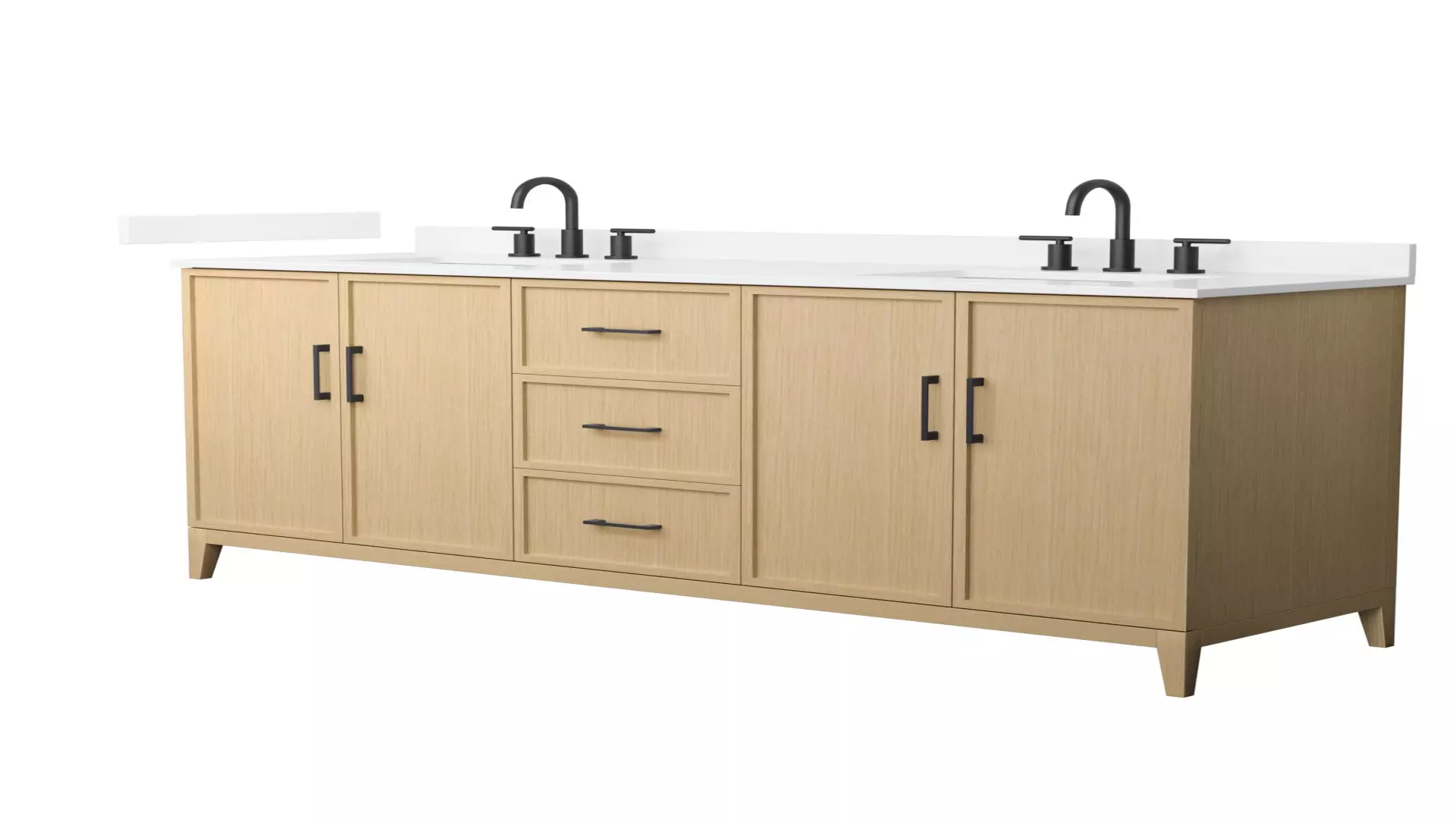 Elan 72 Inch Double Bathroom Vanity in White Oak, White Quartz Countertop, Undermount Square Sinks (3-Hole), Matte Black Trim material