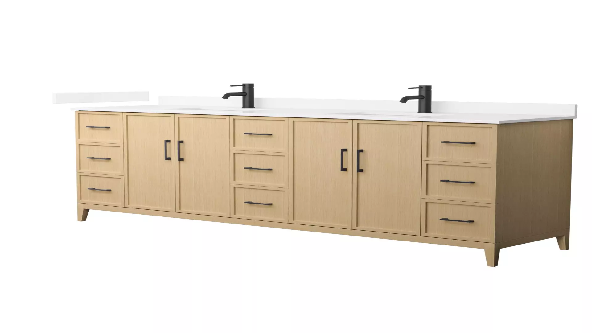Elan 84 Inch Double Bathroom Vanity in White Oak, White Quartz Countertop, Undermount Square Sinks (1-Hole), Matte Black Trim material