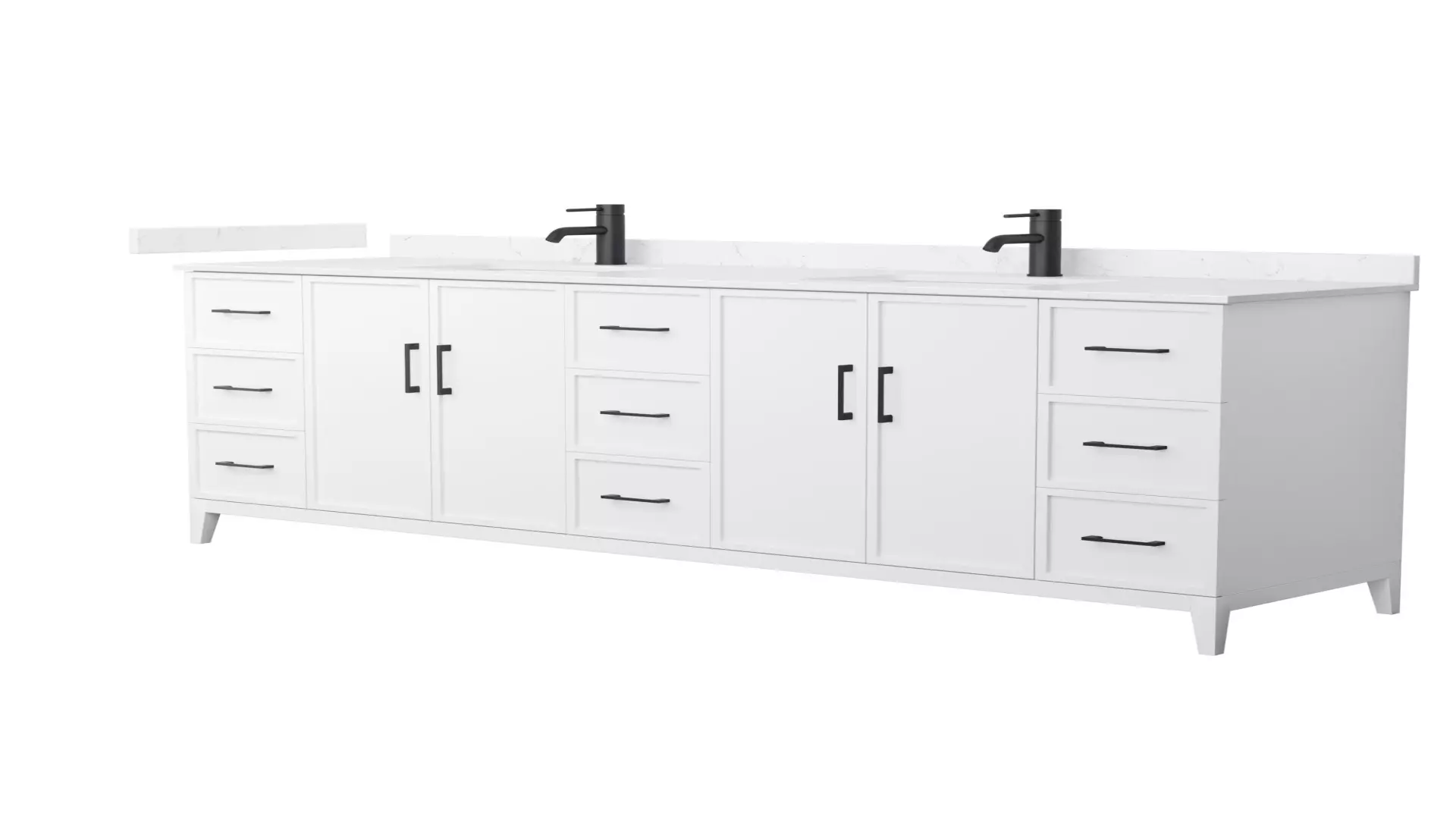 Elan 84 Inch Double Bathroom Vanity in White, Carrara Cultured Marble Countertop, Undermount Square Sinks, Matte Black Trim material