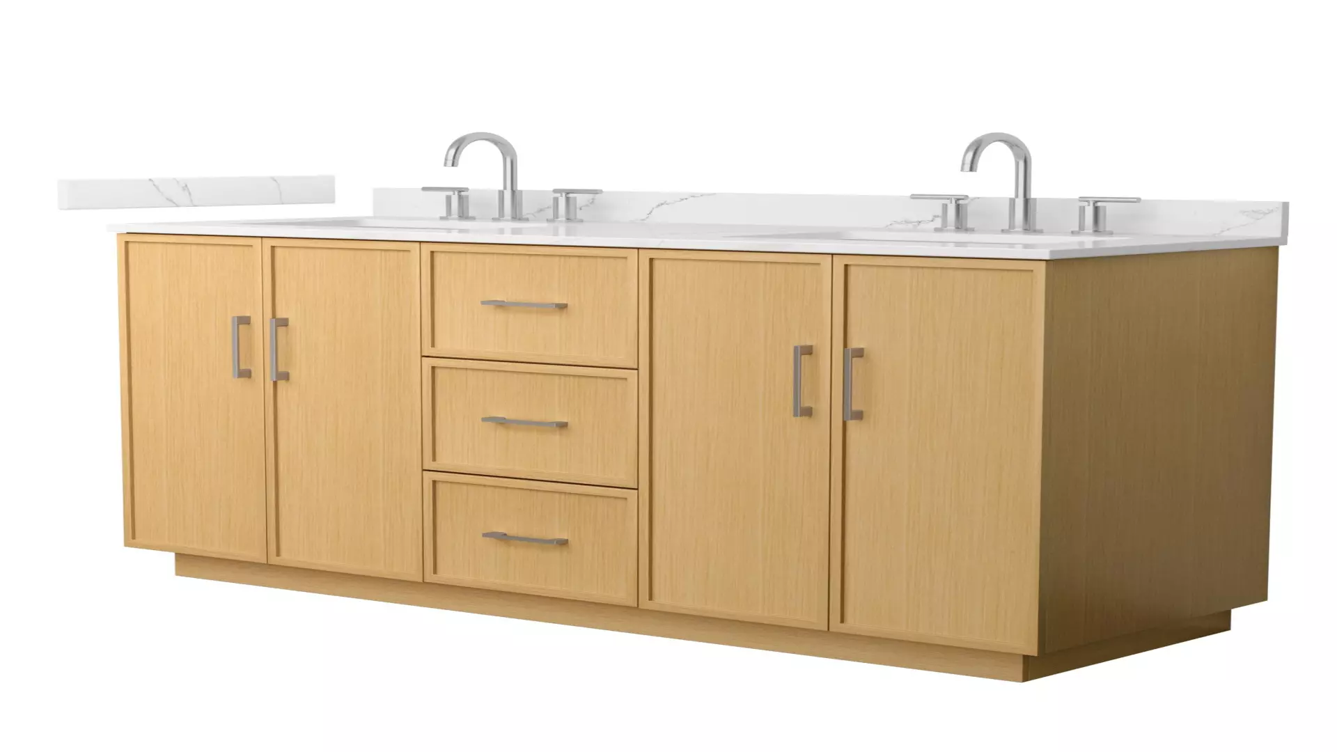 Elan 60 Inch Double Bathroom Vanity with Toe Kick in Light Oak, Giotto Quartz Countertop, Undermount Square Sinks (3-Hole), Brushed Nickel Trim material