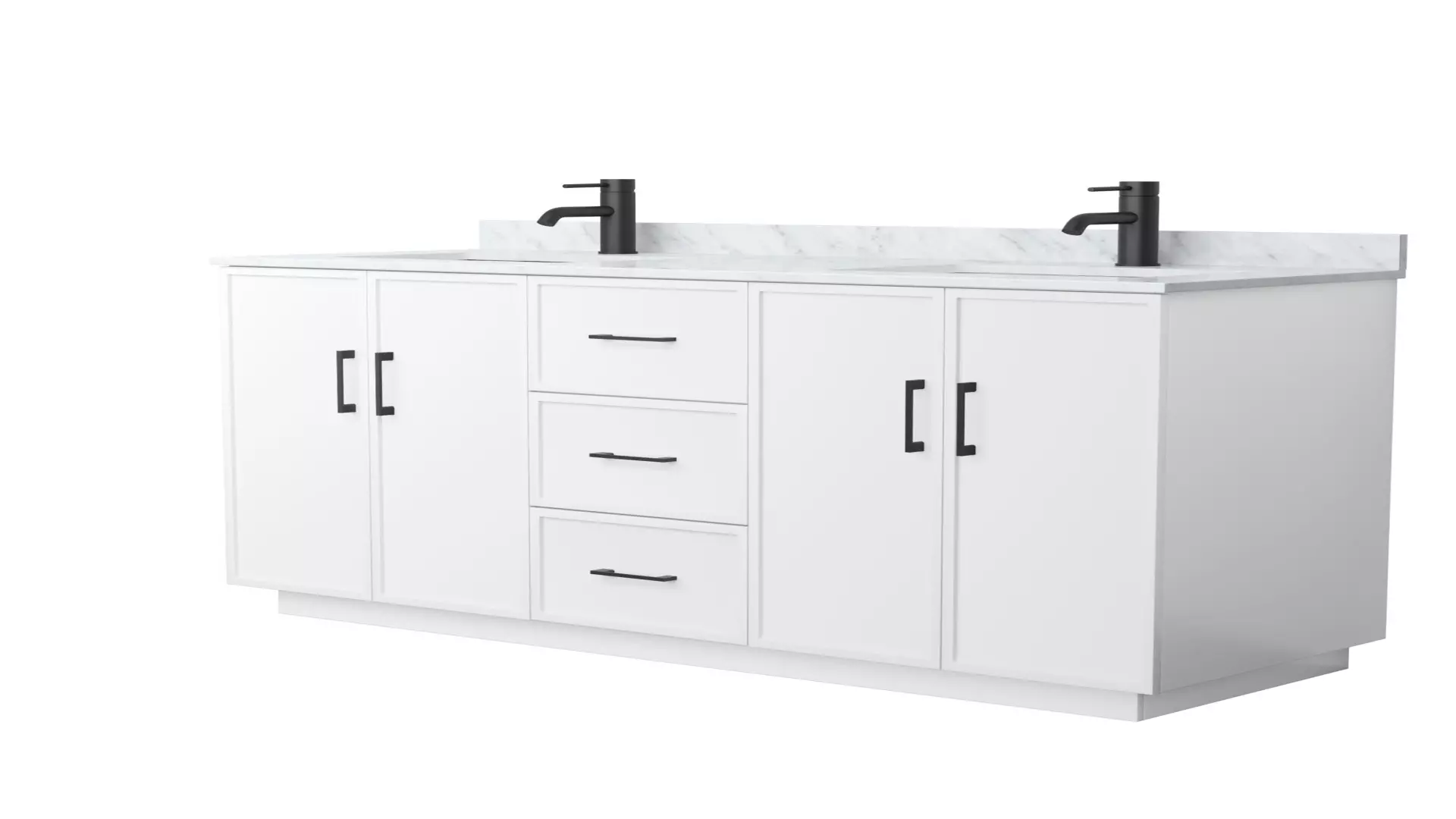Elan 60 Inch Double Bathroom Vanity with Toe Kick in White, White Carrara Marble Countertop, Undermount Square Sinks, Matte Black Trim material