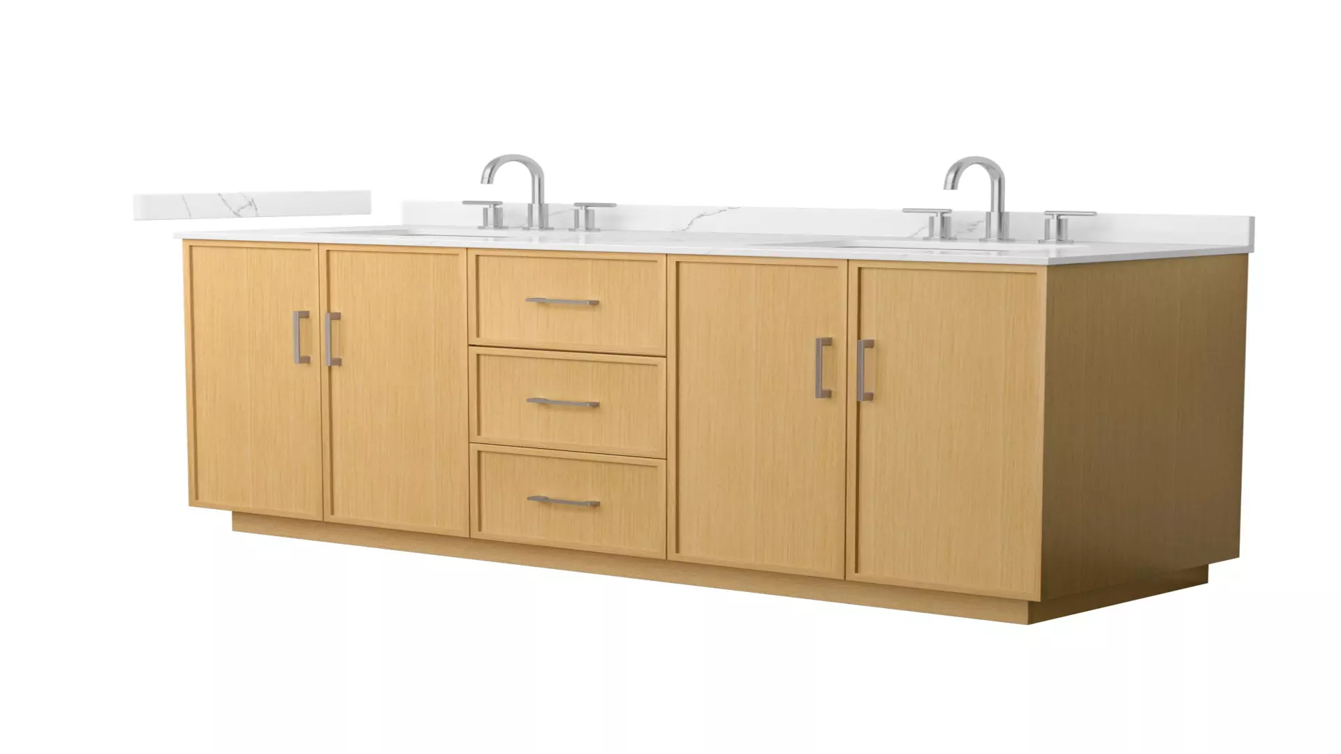 Elan 66 Inch Double Bathroom Vanity with Toe Kick in Light Oak, Giotto Quartz Countertop, Undermount Square Sinks (3-Hole), Brushed Nickel Trim material