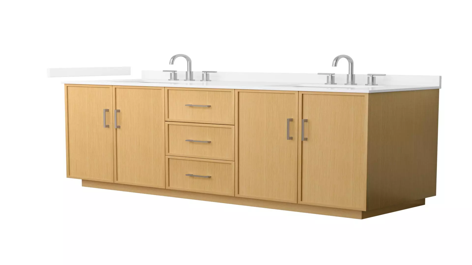 Elan 66 Inch Double Bathroom Vanity with Toe Kick in Light Oak, White Quartz Countertop, Undermount Square Sinks (3-Hole), Brushed Nickel Trim material
