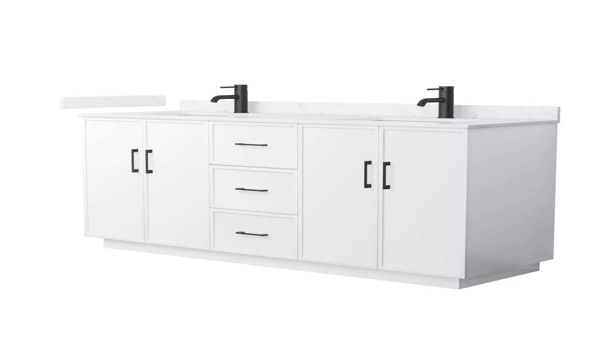 Elan 66 Inch Double Bathroom Vanity with Toe Kick in White, Carrara Cultured Marble Countertop, Undermount Square Sinks, Matte Black Trim material