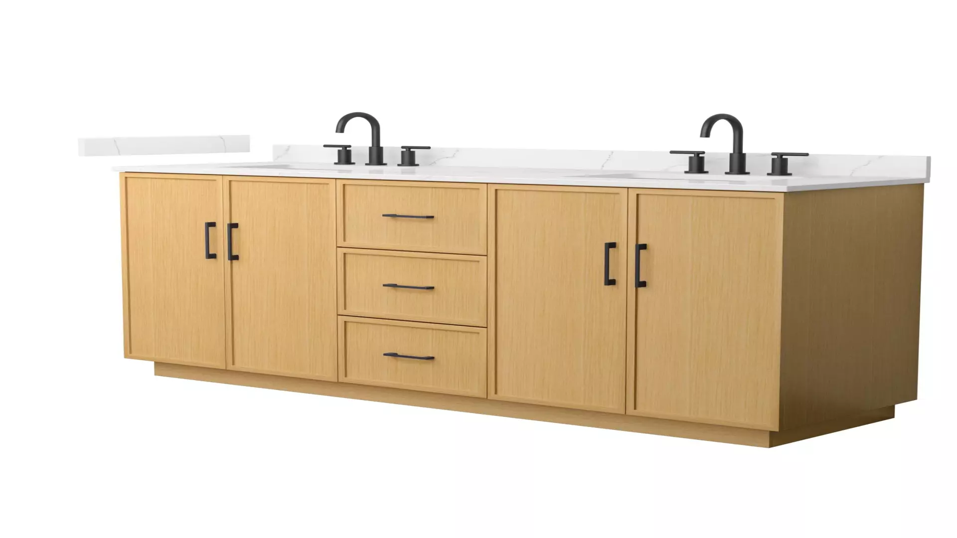 Elan 72 Inch Double Bathroom Vanity with Toe Kick in Light Oak, Giotto Quartz Countertop, Undermount Square Sinks (3-Hole), Matte Black Trim material