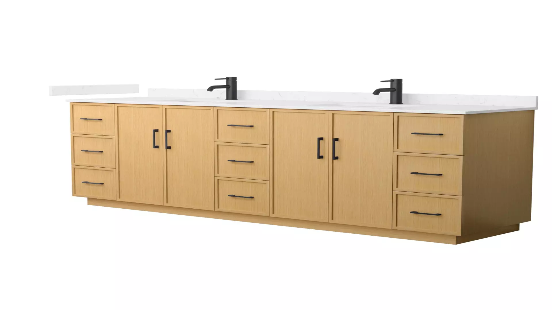 Elan 84 Inch Double Bathroom Vanity with Toe Kick in Light Oak, Carrara Cultured Marble Countertop, Undermount Square Sinks, Matte Black Trim material