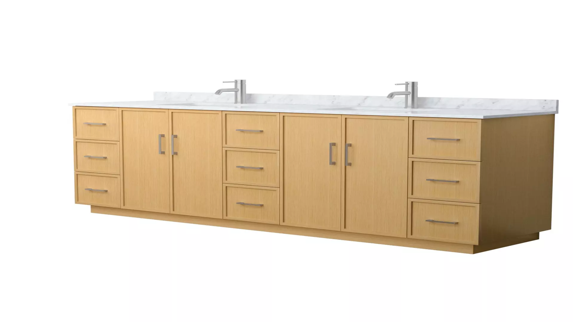 Elan 84 Inch Double Bathroom Vanity with Toe Kick in Light Oak, White Carrara Marble Countertop, Undermount Square Sinks, Brushed Nickel Trim material