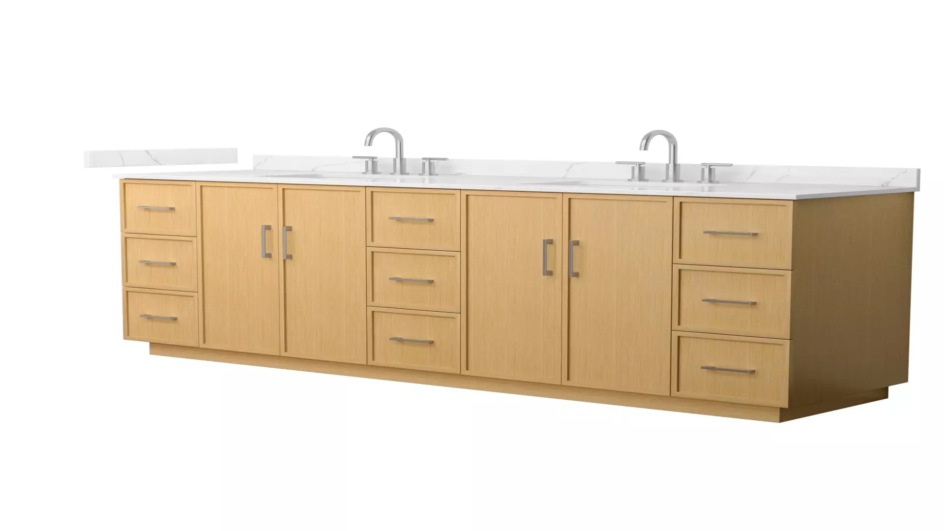 Elan 84 Inch Double Bathroom Vanity with Toe Kick in Light Oak, Giotto Quartz Countertop, Undermount Square Sinks (3-Hole), Brushed Nickel Trim material