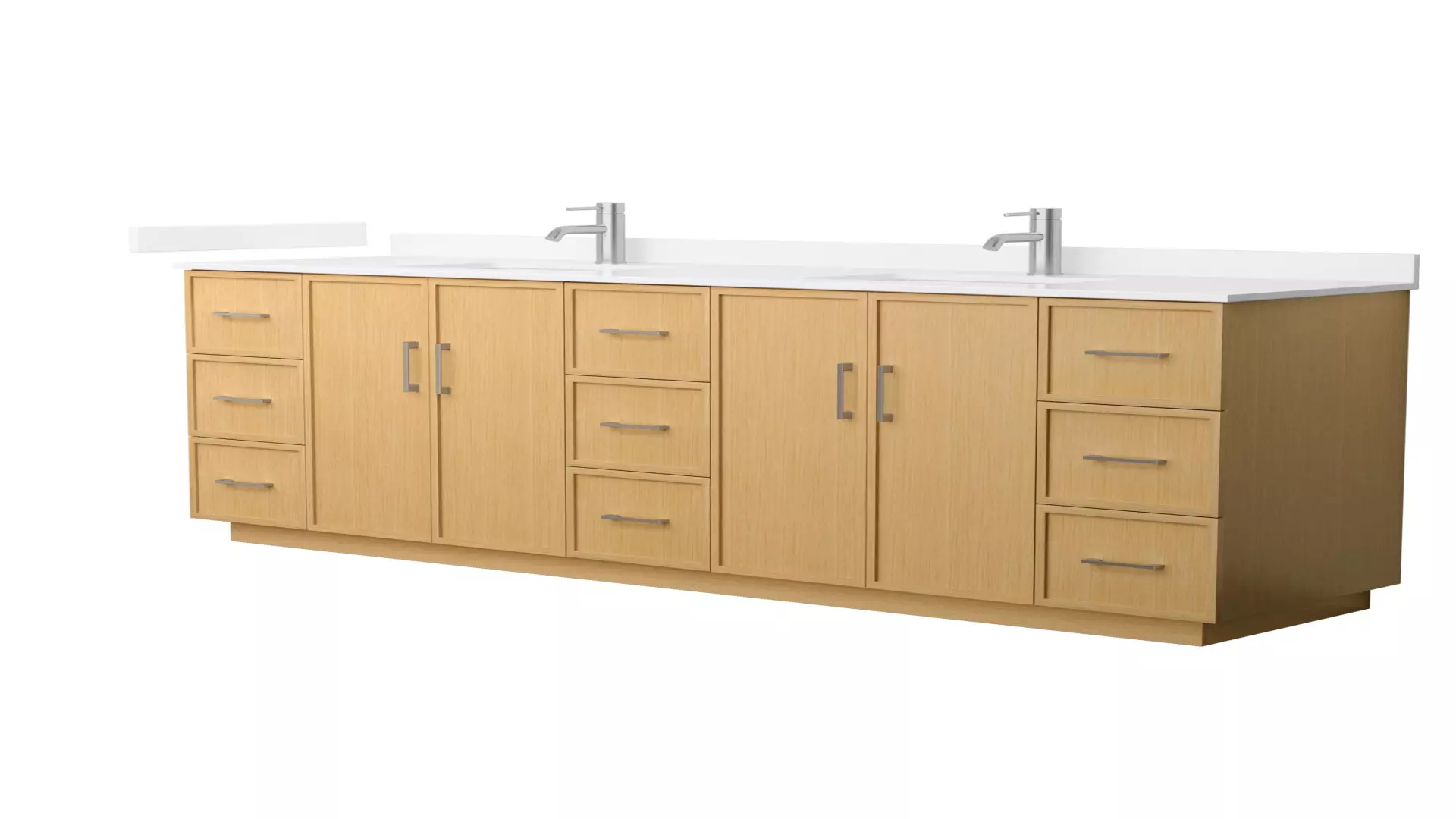 Elan 84 Inch Double Bathroom Vanity with Toe Kick in Light Oak, White Cultured Marble Countertop, Undermount Square Sinks, Brushed Nickel Trim material