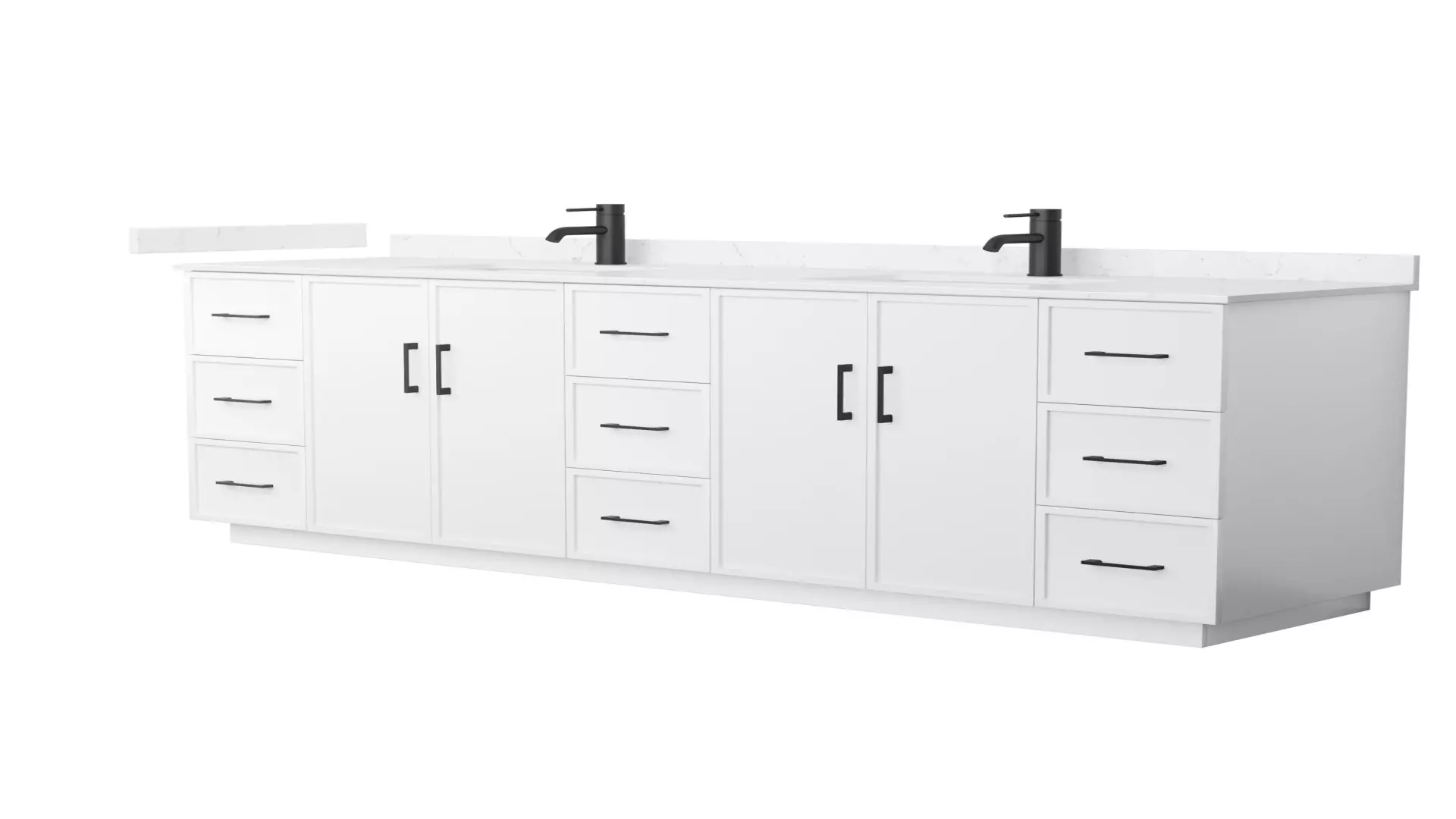 Elan 84 Inch Double Bathroom Vanity with Toe Kick in White, Carrara Cultured Marble Countertop, Undermount Square Sinks, Matte Black Trim material