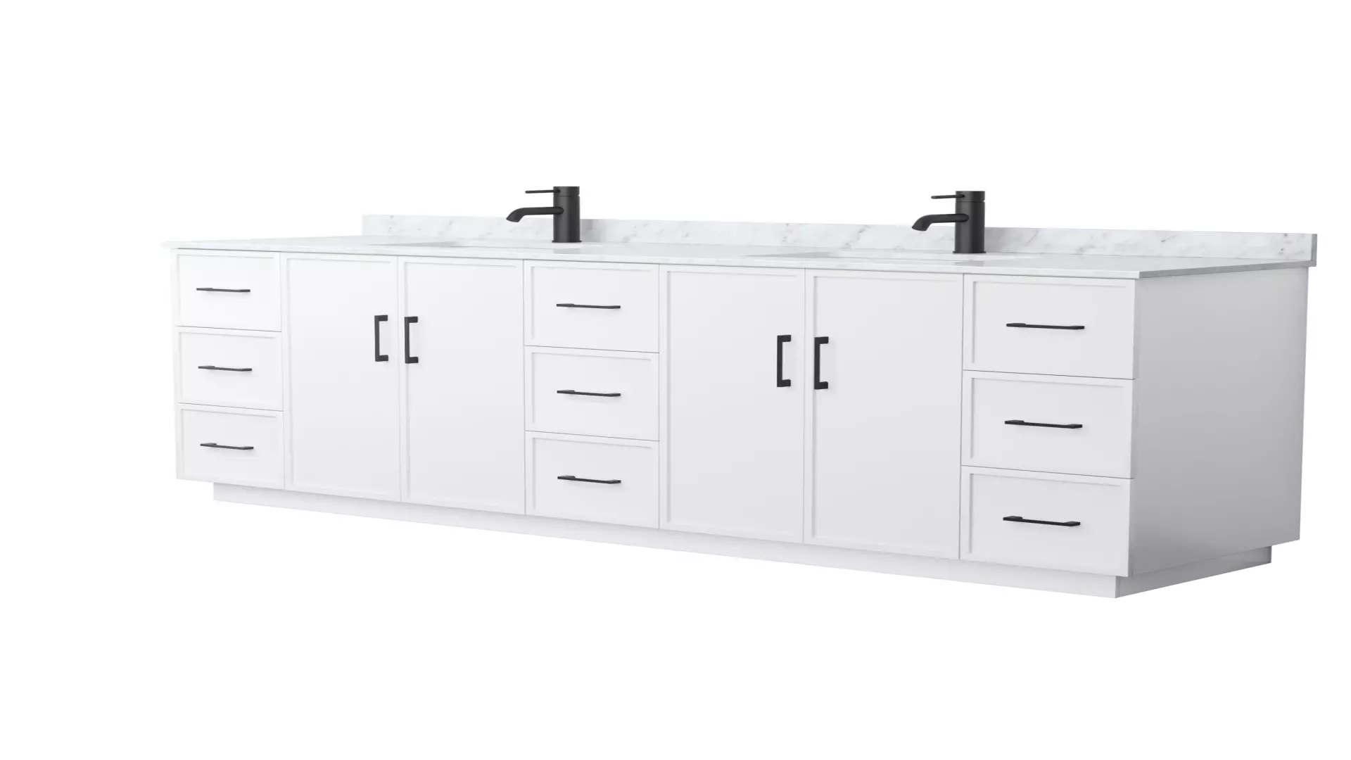 Elan 84 Inch Double Bathroom Vanity with Toe Kick in White, White Carrara Marble Countertop, Undermount Square Sinks, Matte Black Trim material