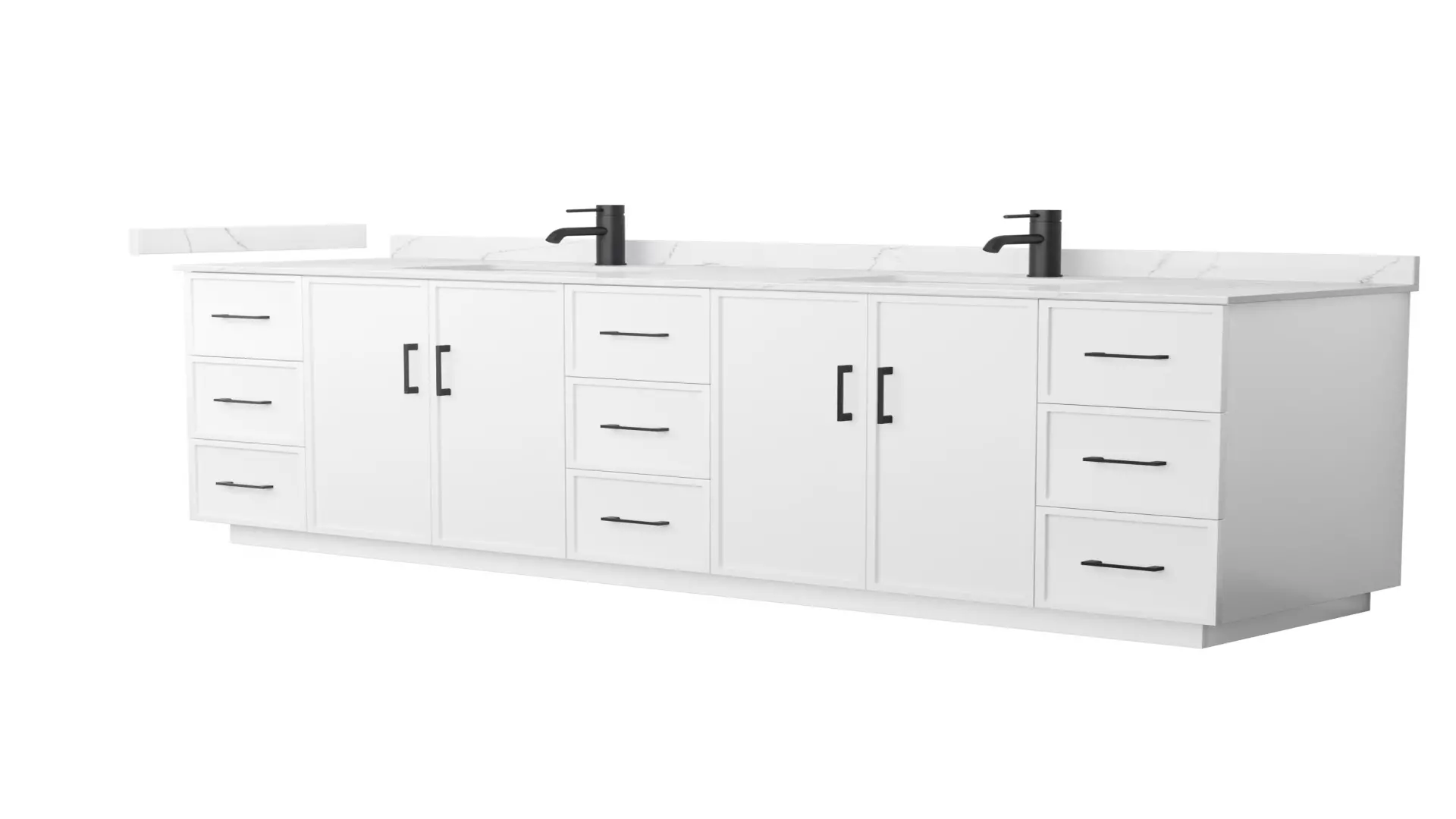 Elan 84 Inch Double Bathroom Vanity with Toe Kick in White, Giotto Quartz Countertop, Undermount Square Sinks (1-Hole), Matte Black Trim material