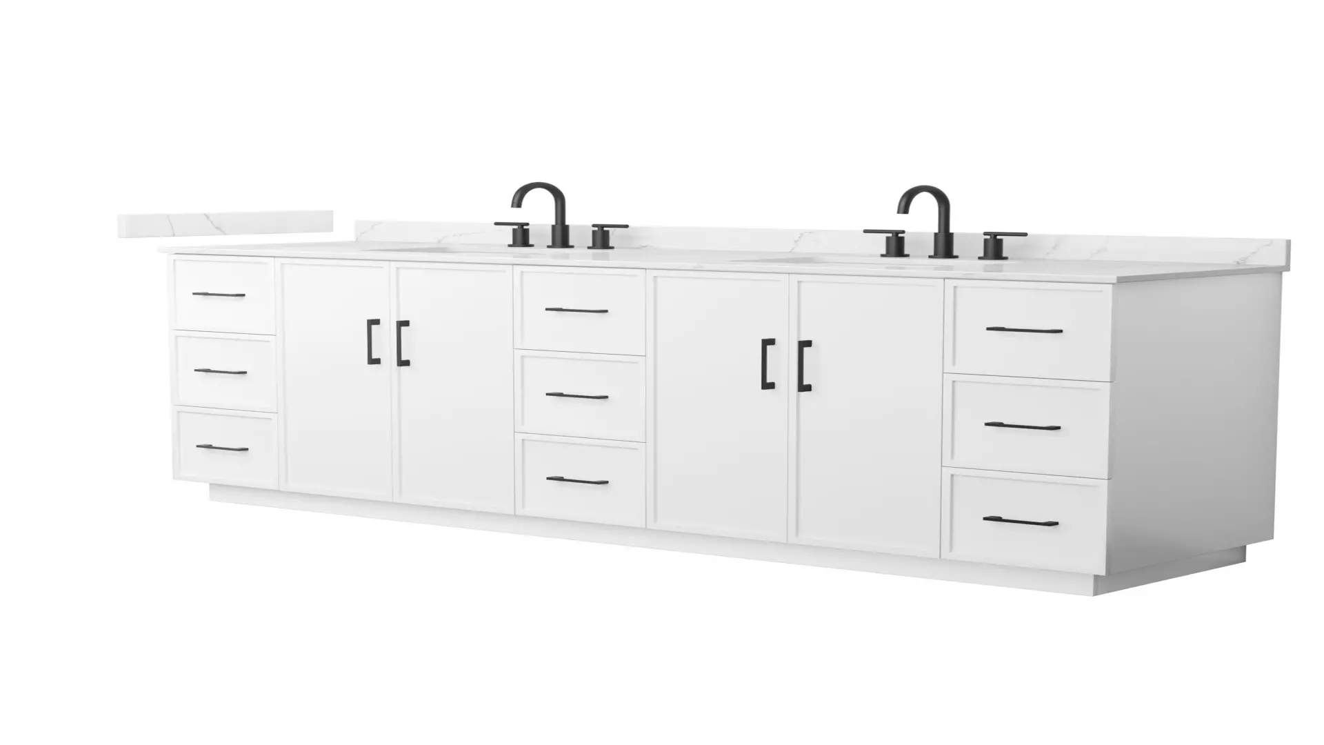 Elan 84 Inch Double Bathroom Vanity with Toe Kick in White, Giotto Quartz Countertop, Undermount Square Sinks (3-Hole), Matte Black Trim material