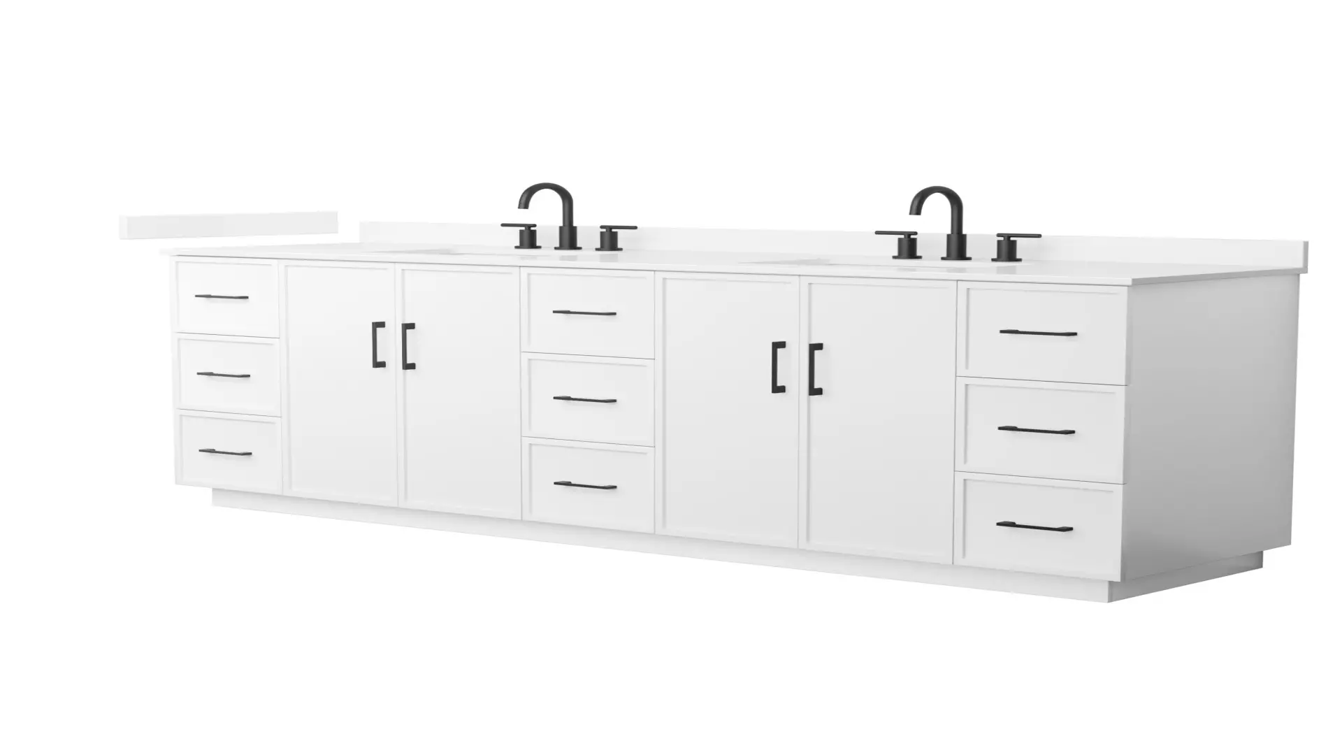 Elan 84 Inch Double Bathroom Vanity with Toe Kick in White, White Quartz Countertop, Undermount Square Sinks (3-Hole), Matte Black Trim material