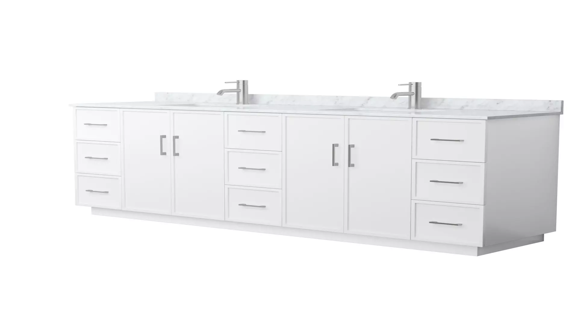 Elan 84 Inch Double Bathroom Vanity with Toe Kick in White, White Carrara Marble Countertop, Undermount Square Sinks, Brushed Nickel Trim material
