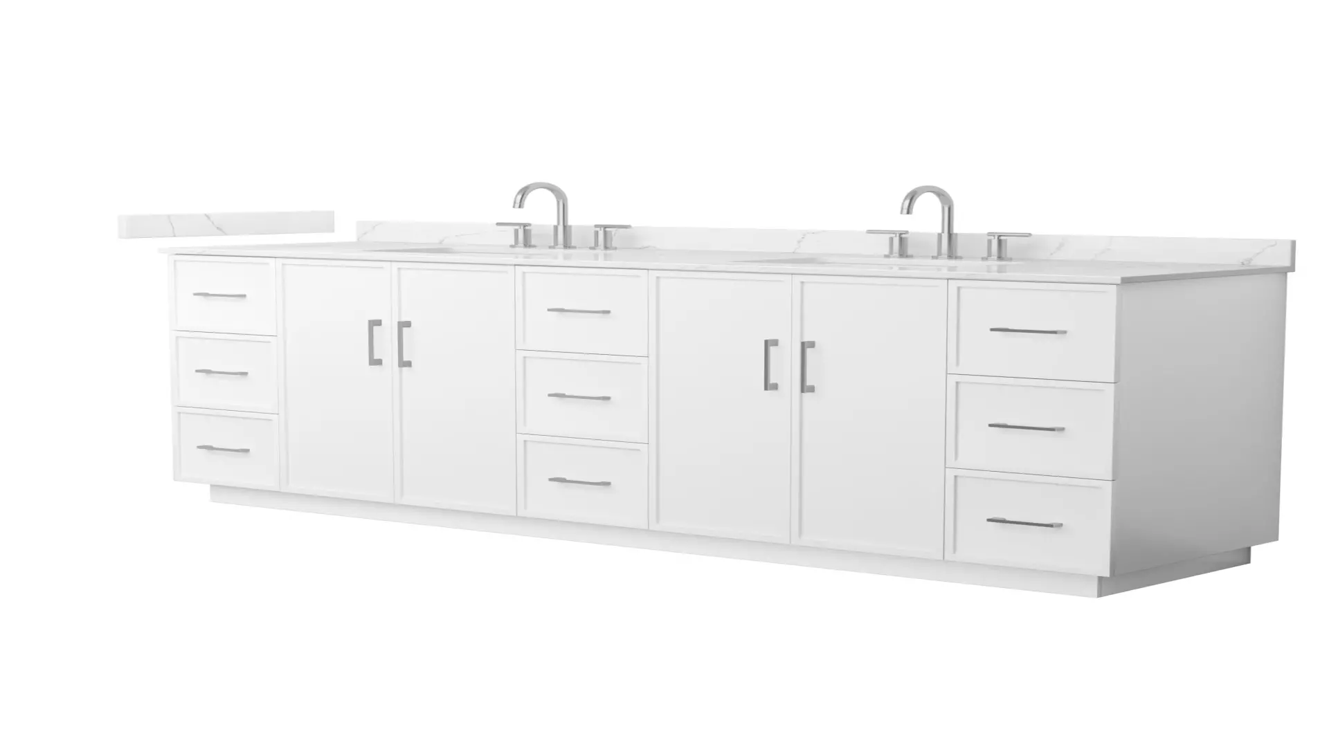 Elan 84 Inch Double Bathroom Vanity with Toe Kick in White, Giotto Quartz Countertop, Undermount Square Sinks (3-Hole), Brushed Nickel Trim material