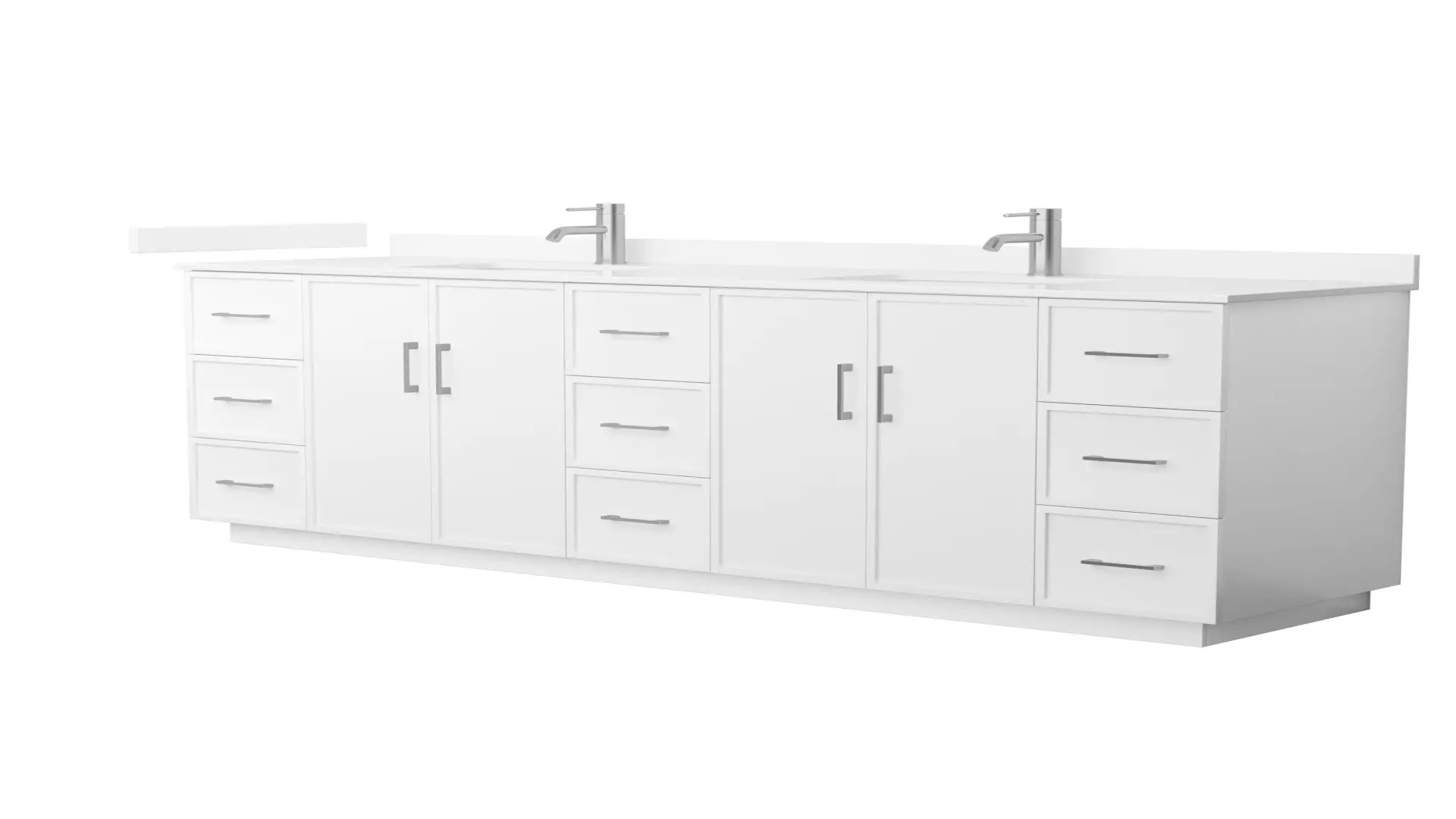 Elan 84 Inch Double Bathroom Vanity with Toe Kick in White, White Quartz Countertop, Undermount Square Sinks (1-Hole), Brushed Nickel Trim material
