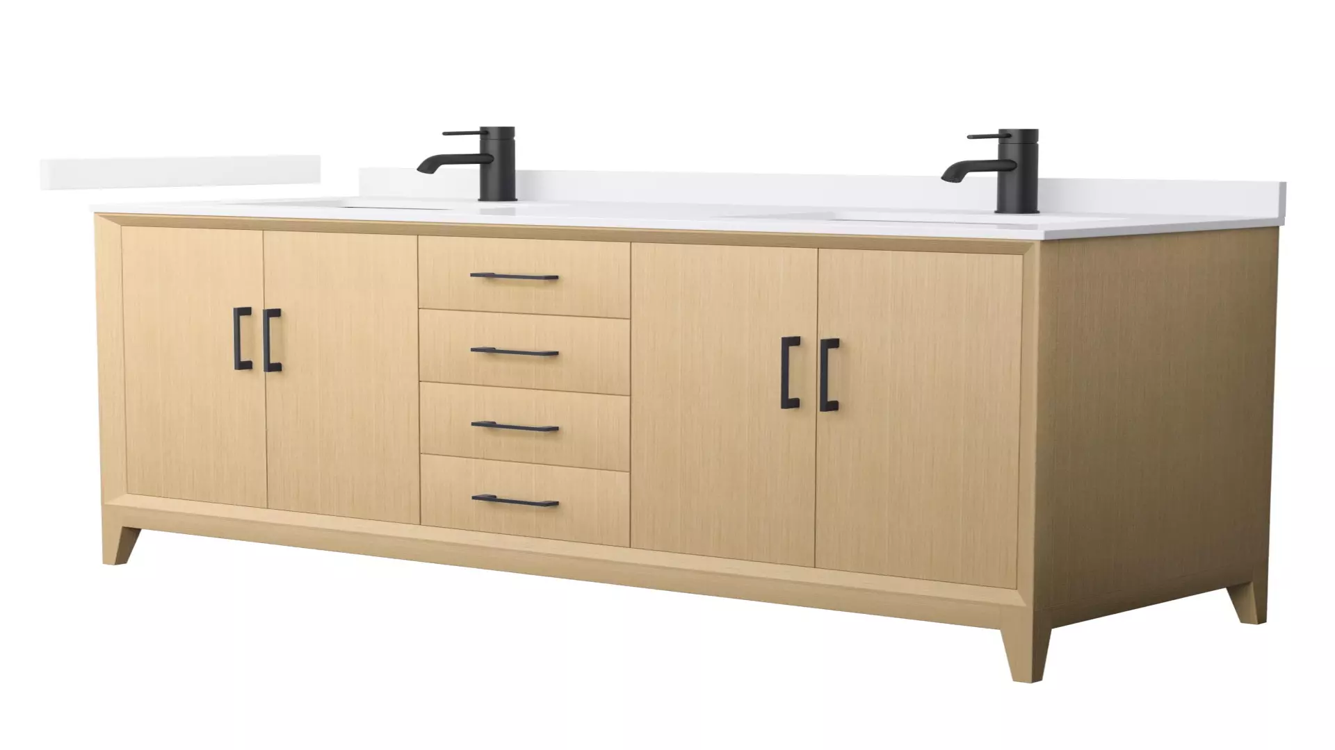 Janna 60 Inch Double Bathroom Vanity in White Oak, White Cultured Marble Countertop, Undermount Square Sinks, Matte Black Trim material