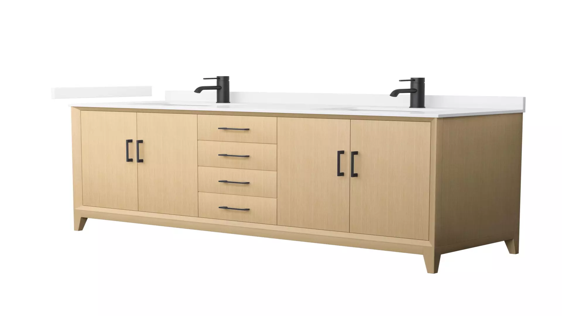 Janna 66 Inch Double Bathroom Vanity in White Oak, White Quartz Countertop, Undermount Square Sinks (1-Hole), Matte Black Trim material