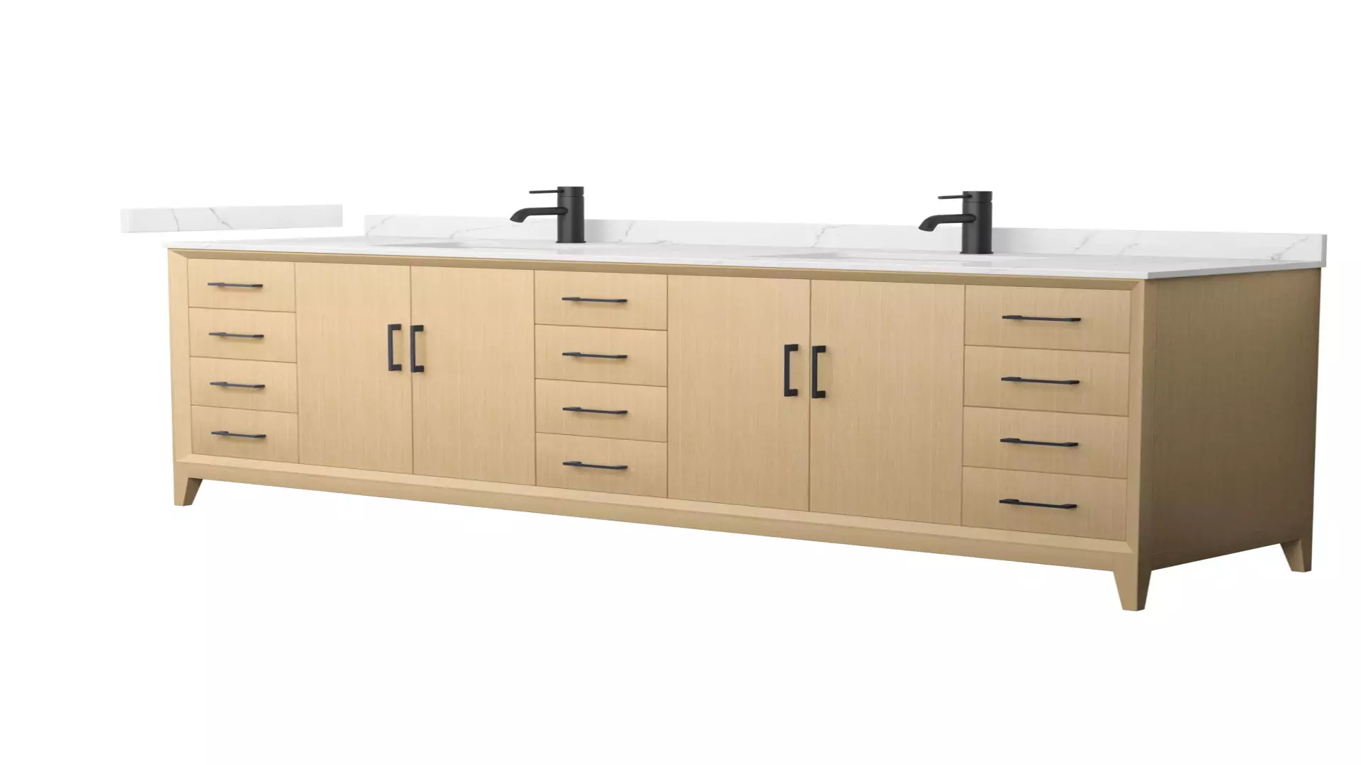Janna 84 Inch Double Bathroom Vanity in White Oak, Giotto Quartz Countertop, Undermount Square Sinks (1-Hole), Matte Black Trim material