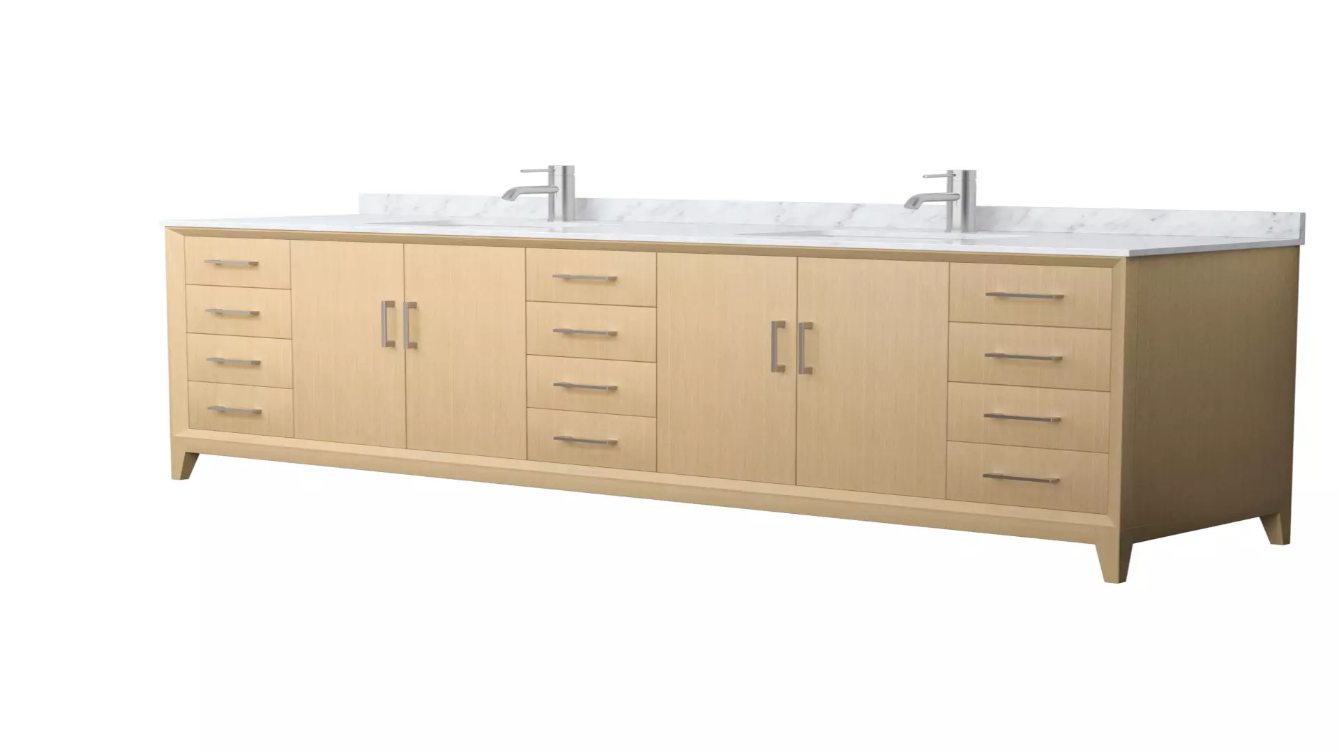 Janna 84 Inch Double Bathroom Vanity in White Oak, White Carrara Marble Countertop, Undermount Square Sinks, Brushed Nickel Trim material