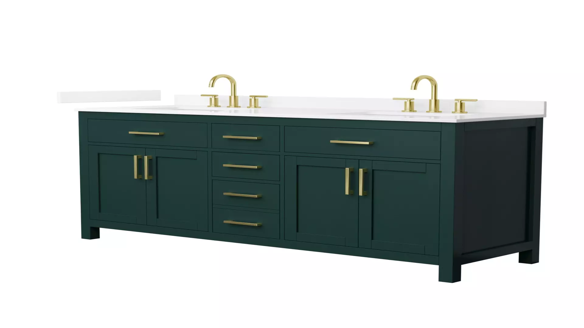 Beckett 66 Inch Double Bathroom Vanity in Green, White Quartz Countertop, Undermount Square Sinks (3-Hole), Brushed Gold Trim material