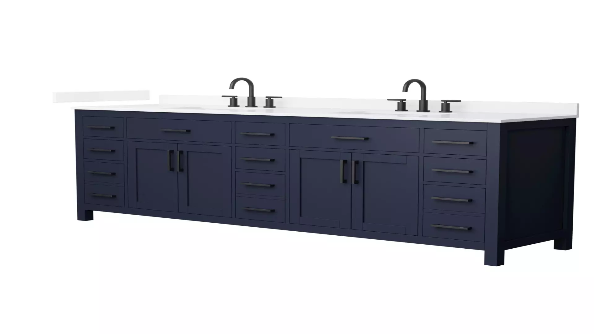 Beckett 84 Inch Double Bathroom Vanity in Dark Blue, White Quartz Countertop, Undermount Square Sinks (3-Hole), Matte Black Trim material