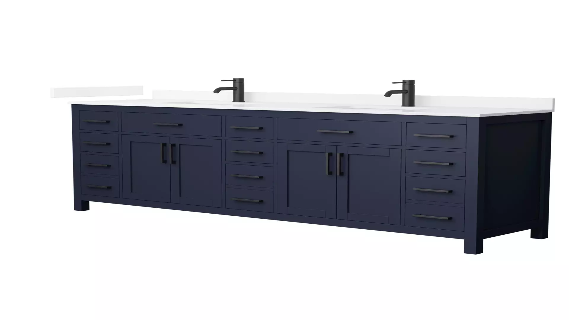Beckett 84 Inch Double Bathroom Vanity in Dark Blue, White Quartz Countertop, Undermount Square Sinks (1-Hole), Matte Black Trim material