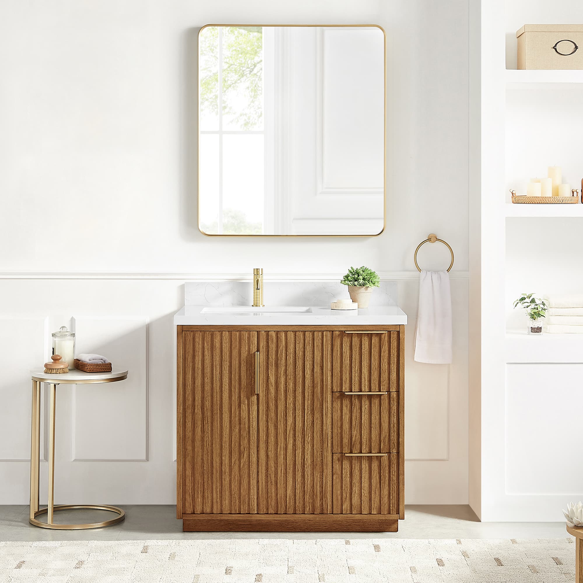 Bangkok 36" Single Sink Bath Vanity in Mango Wood Light Brown with White Grain Composite Stone Top material