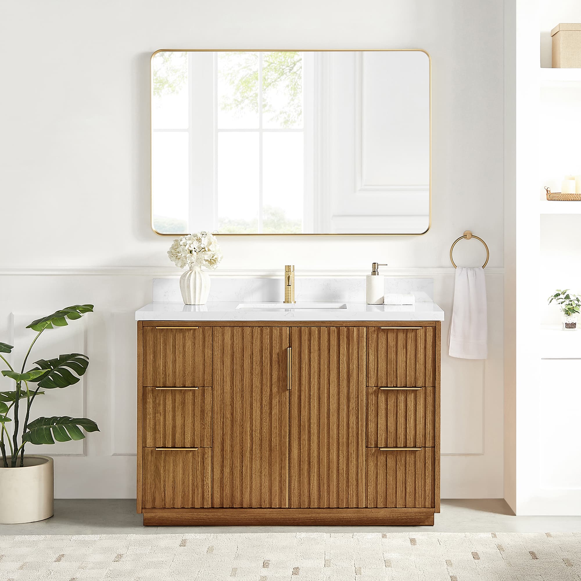 Bangkok 48" Single Sink Bath Vanity in Mango Wood Light Brown with with White Grain Composite Stone Top material