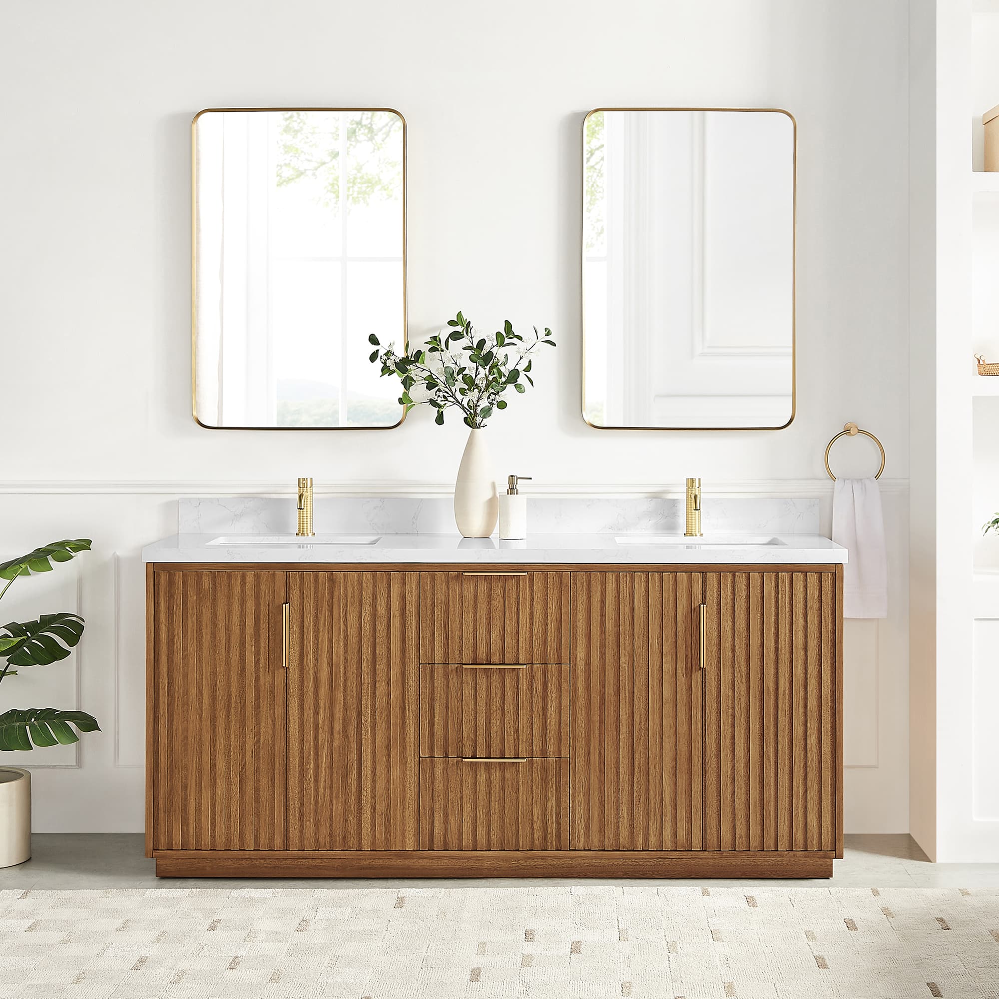 Bangkok 72" Double Sink Bath Vanity in Mango Wood Light Brown with White Grain Composite Stone Top material
