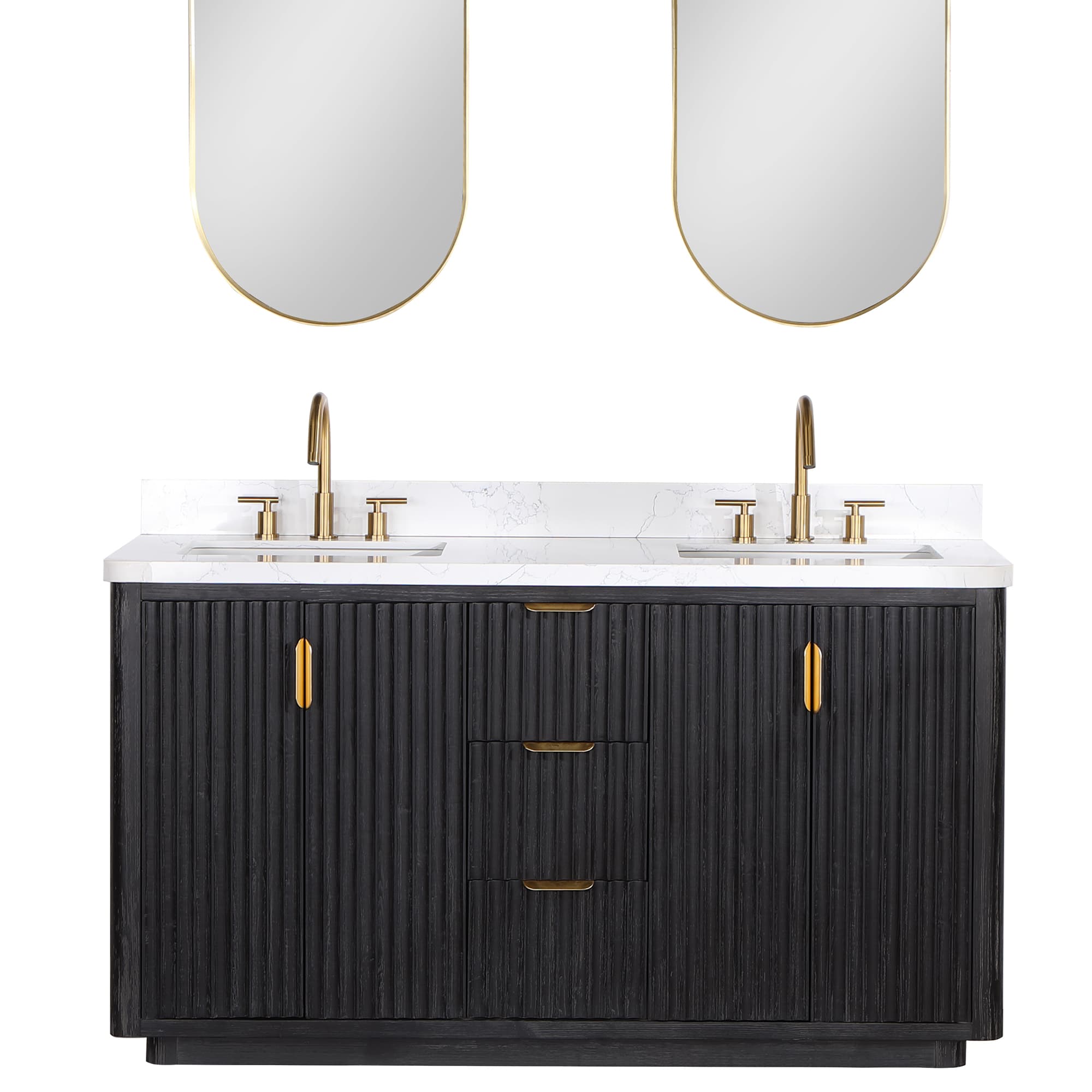 Cadiz 60in. Free-standing Double Bathroom Vanity in Fir Wood Black with Composite top in Lightning White and Mirror material
