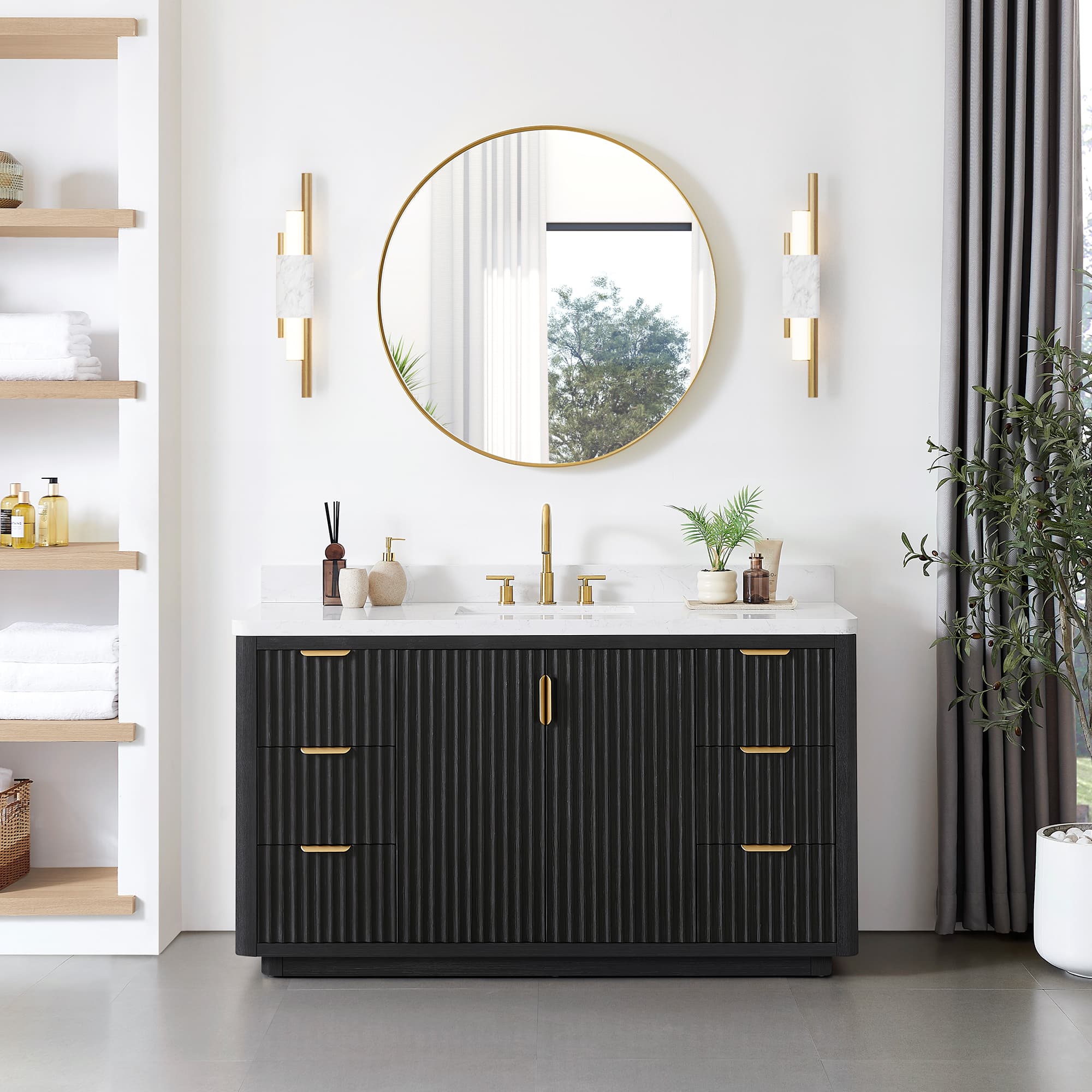 Cadiz 60in. Free-standing Single Bathroom Vanity in Fir Wood Black with Composite top in Lightning White and Mirror material