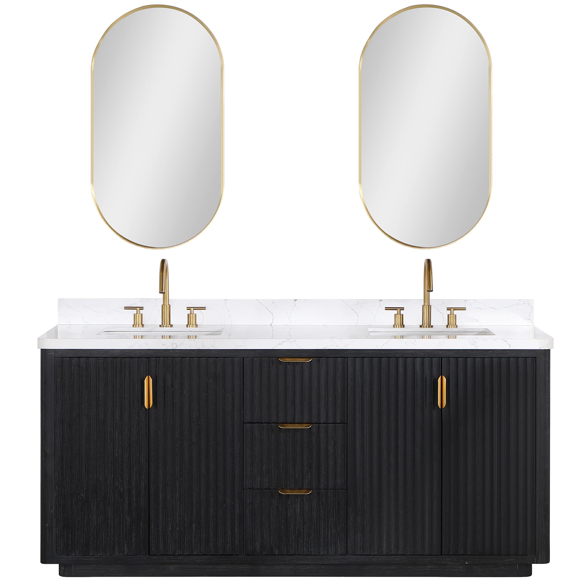 Cadiz 72in. Free-standing Double Bathroom Vanity in Fir Wood Black with Composite top in Lightning White and Mirror material