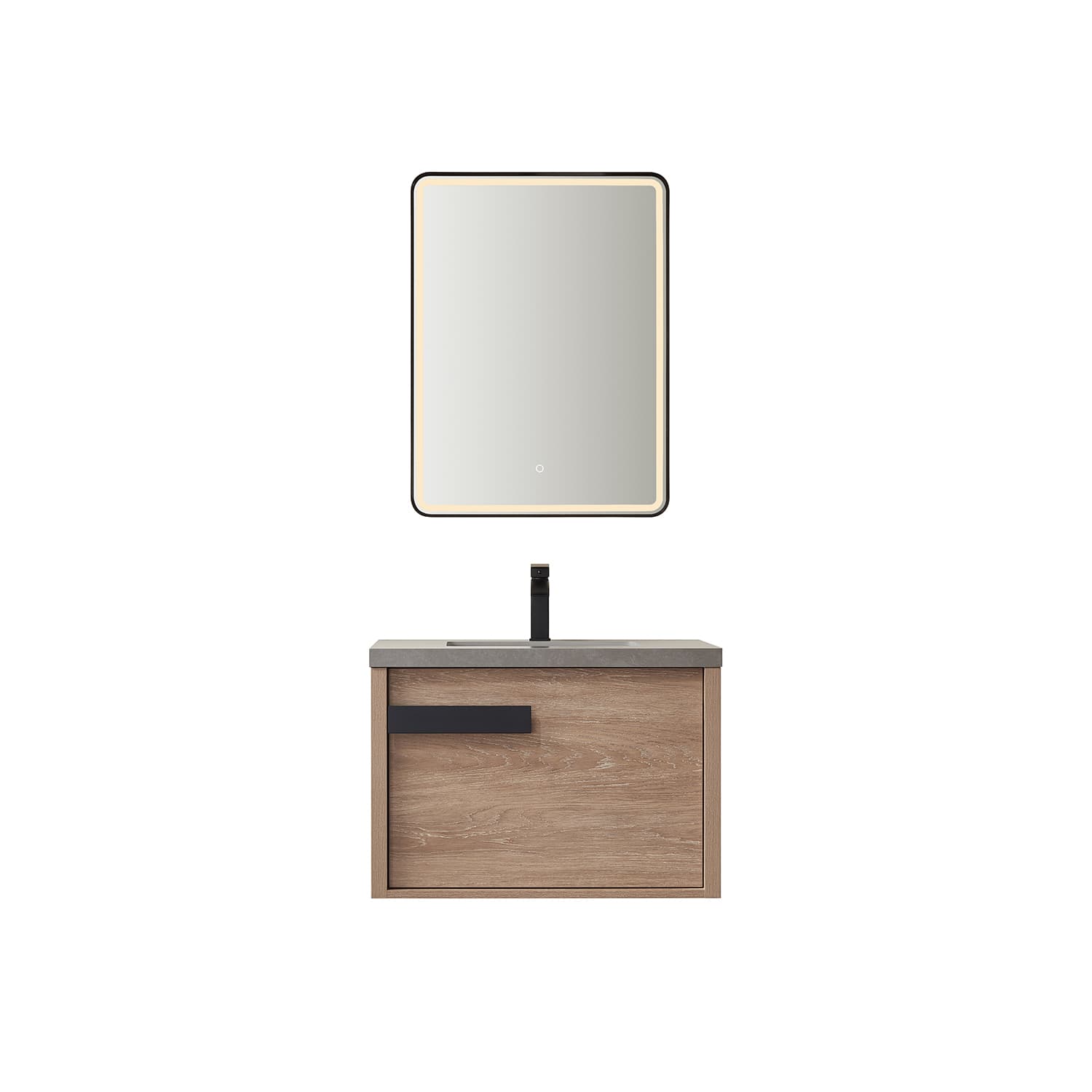 Carcastillo 30" Single Sink Bath Vanity in North American Oak with Grey Sintered Stone Top and Mirror material