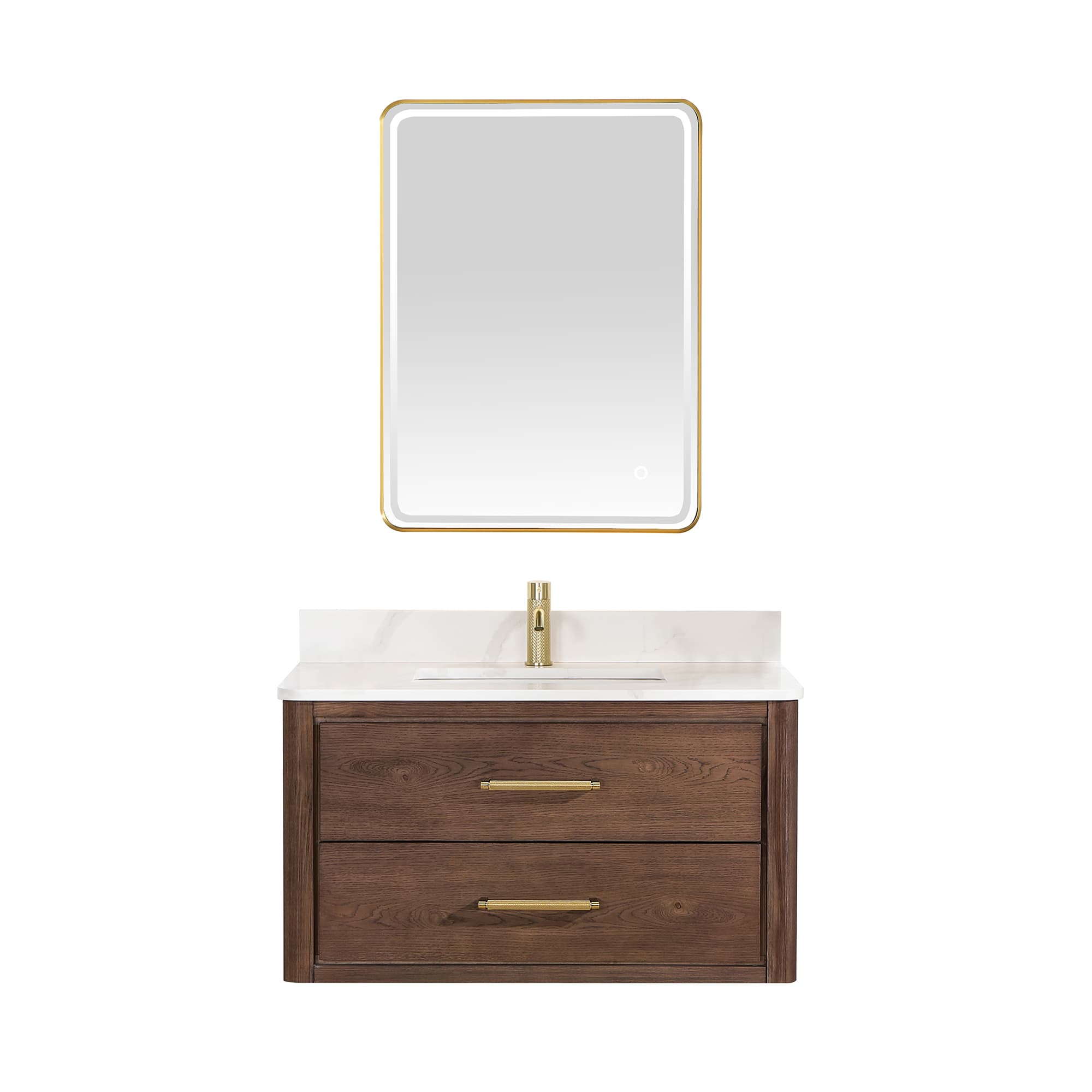 Cristo 36" Floating Single Bath Vanity in Aged Dark Brown Oak with Fish Maw White Quartz Stone Top and Mirror material