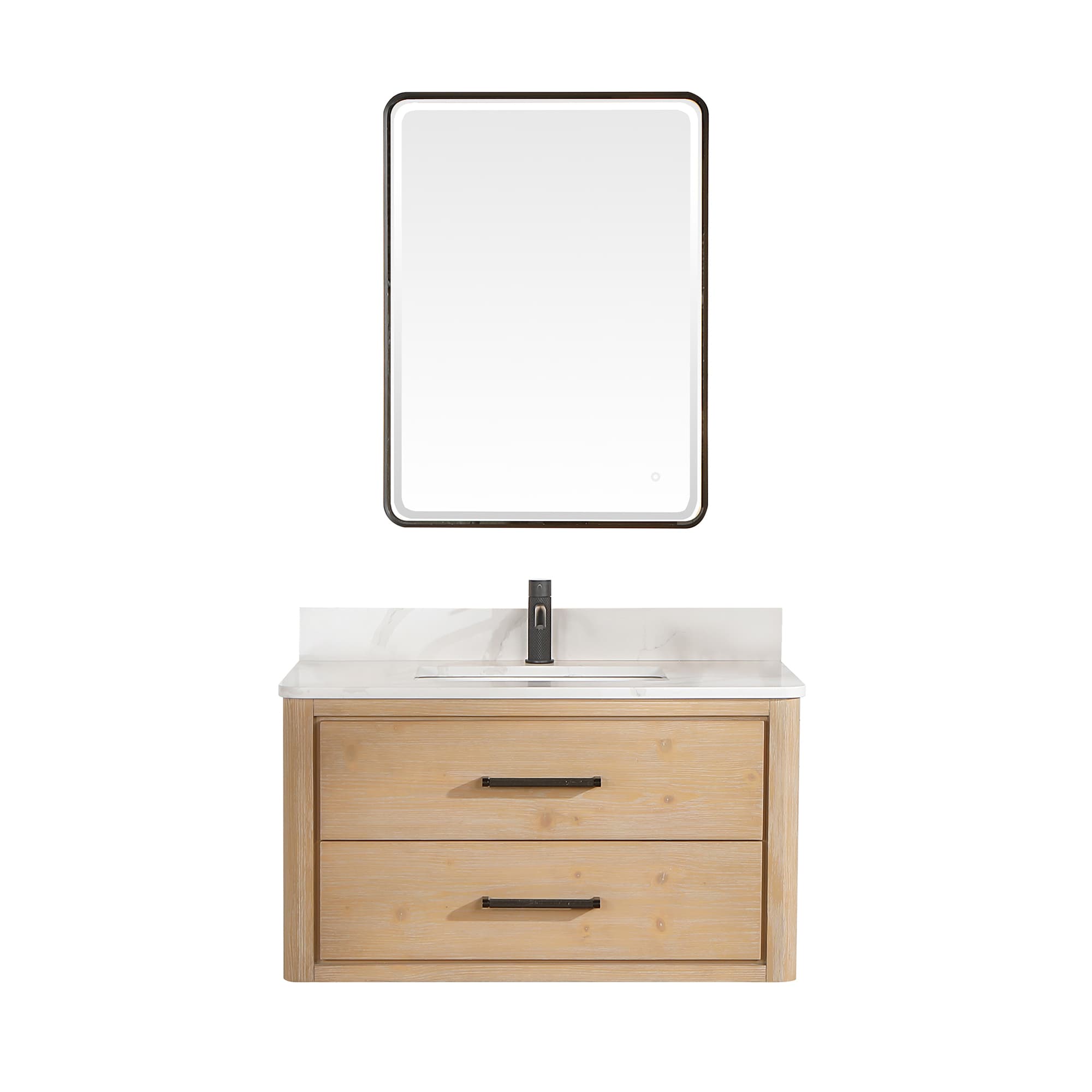 Cristo 36" Floating Single Bath Vanity in Fir Wood Brown with Fish Maw White Quartz Stone Top and Mirror material