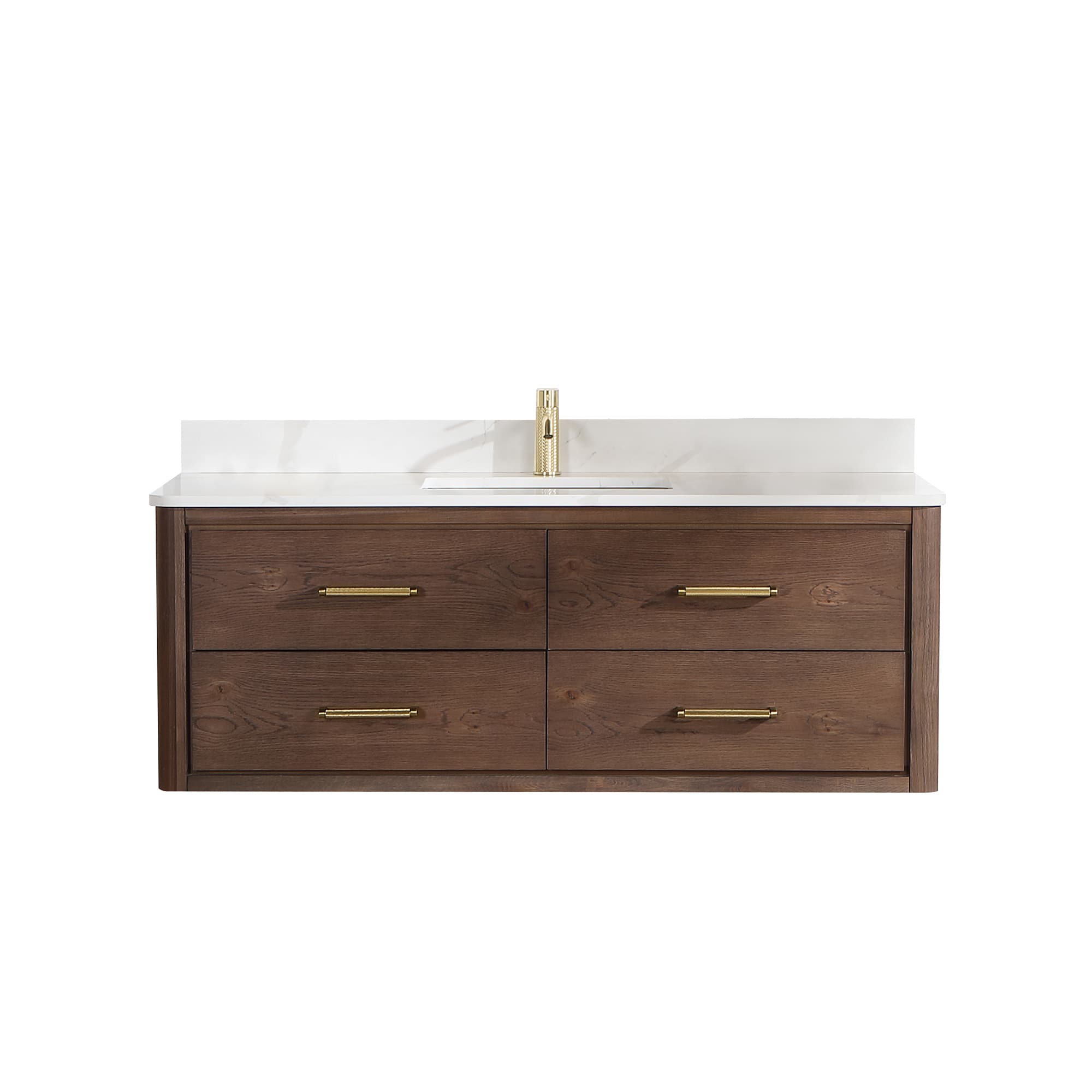 Cristo 55" Floating Single Bath Vanity in Aged Dark Brown Oak with Fish Maw White Quartz Stone Top material