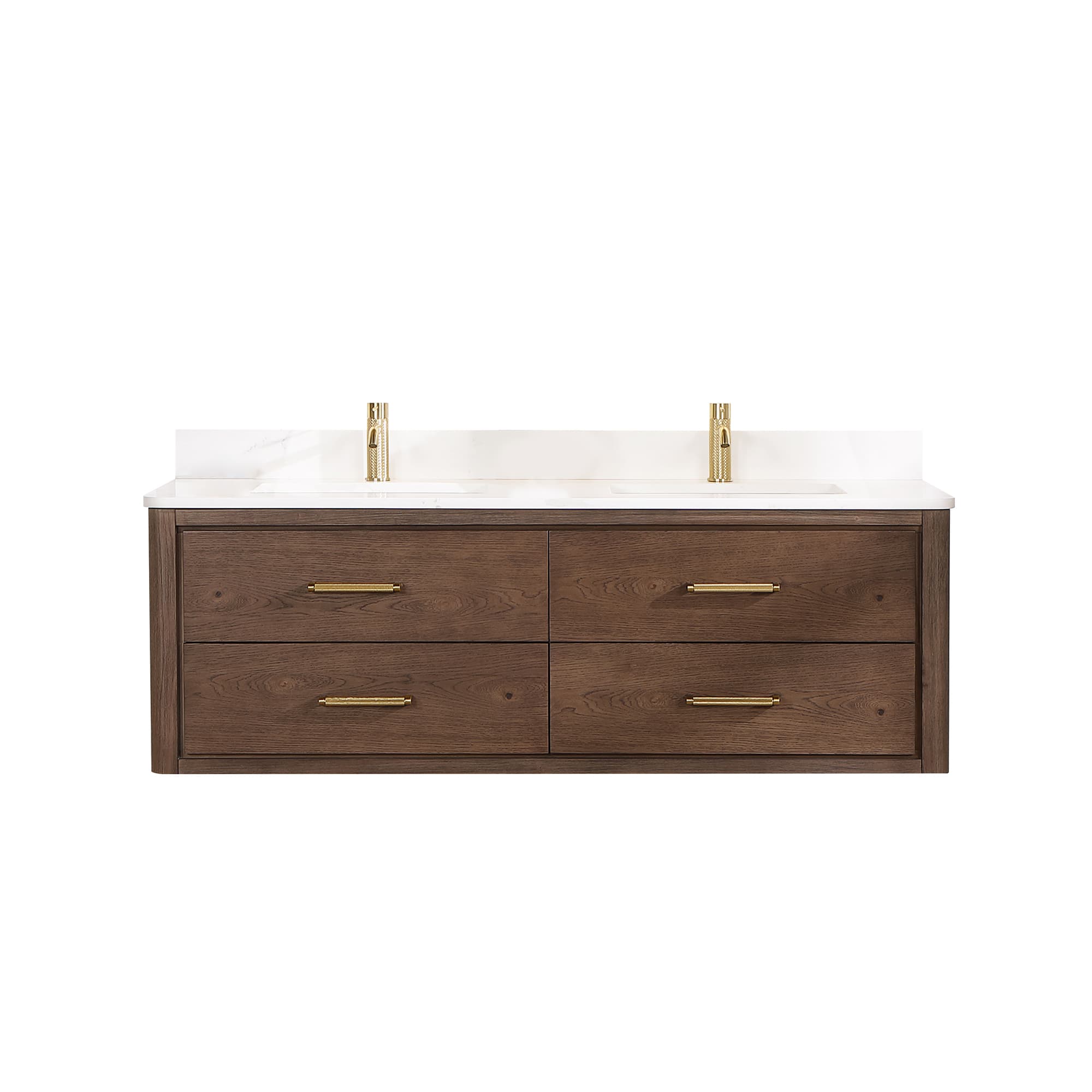 Cristo 60M" Floating Double Bath Vanity in Aged Dark Brown Oak with Fish Maw White Quartz Stone Top material