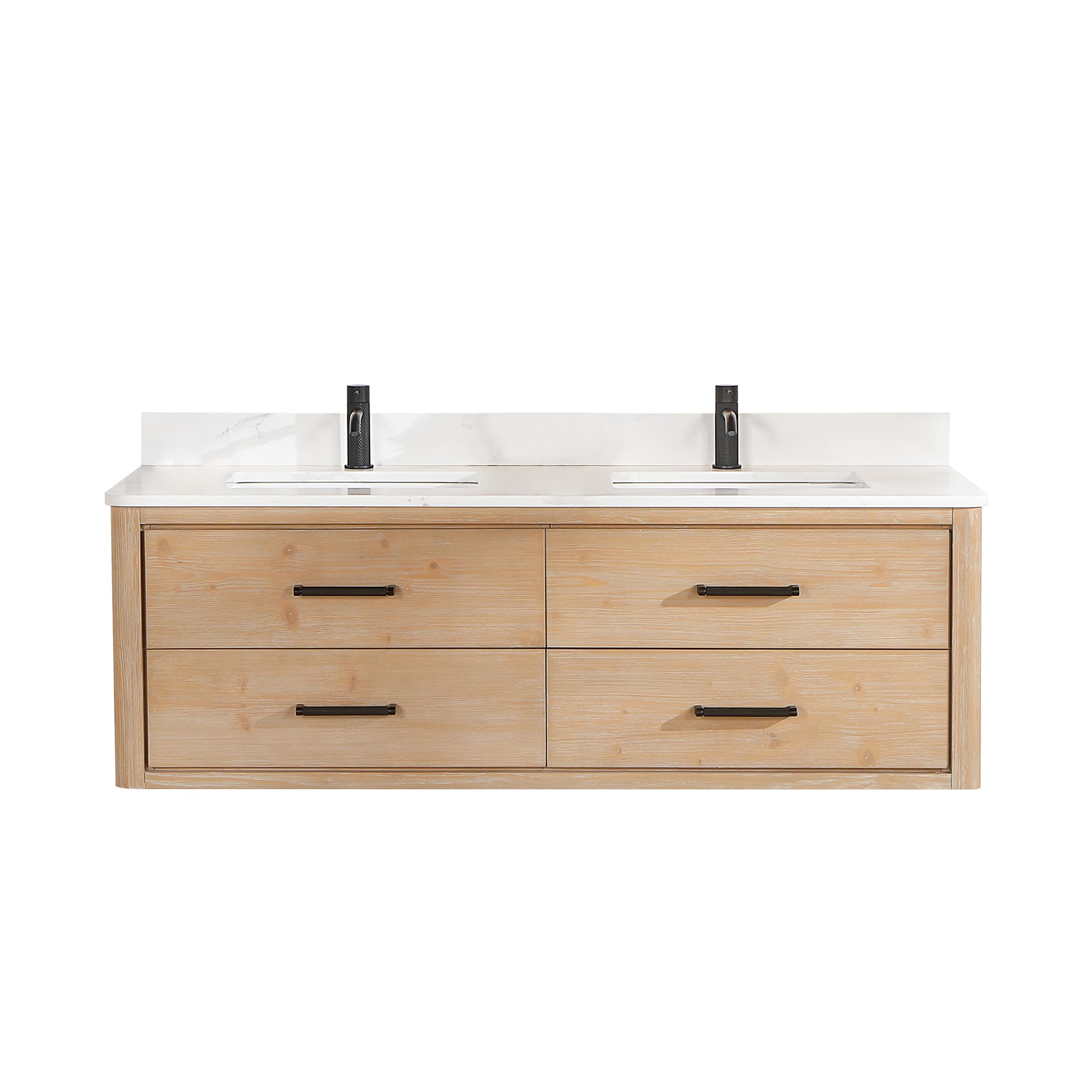 Cristo 60M" Floating Double Bath Vanity in Fir Wood Brown with Fish Maw White Quartz Stone Top material